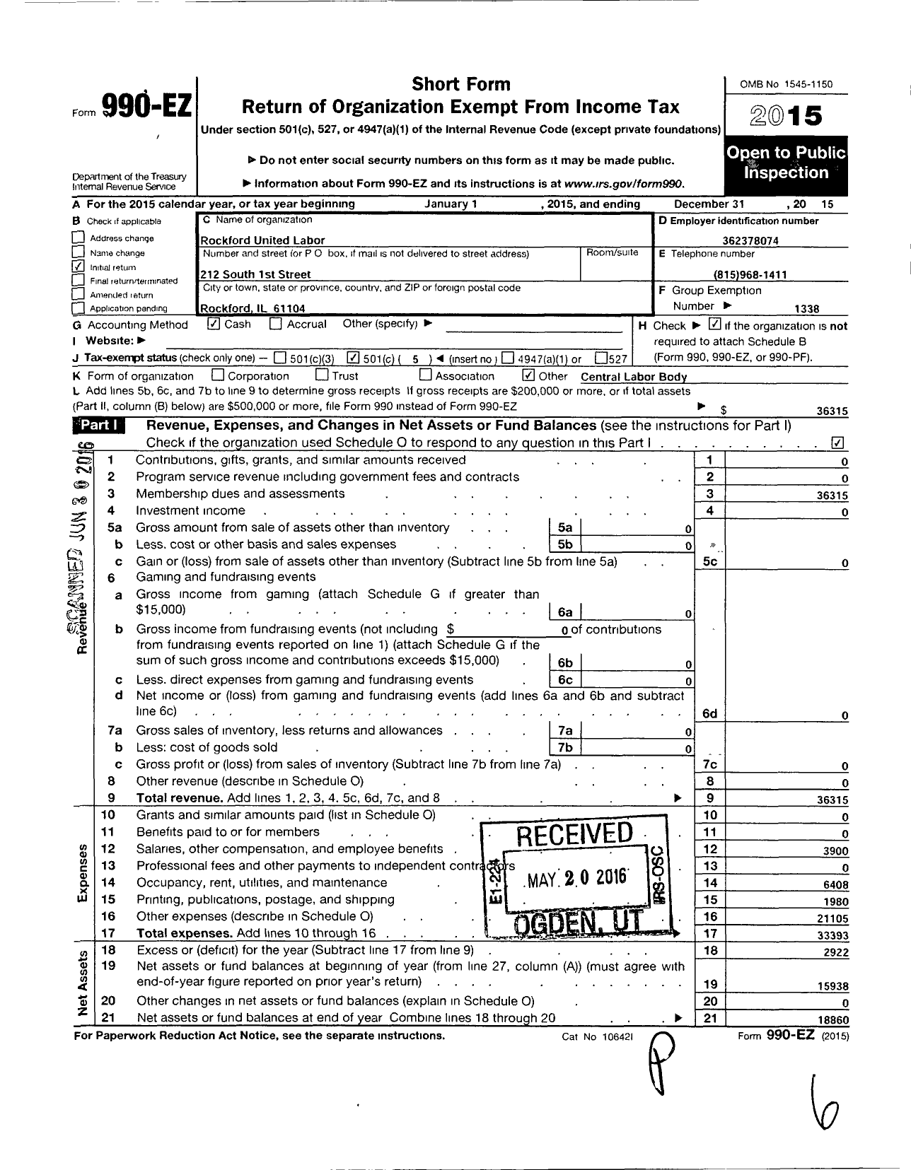 Image of first page of 2015 Form 990EO for AFL-CIO - Rockford United Labor