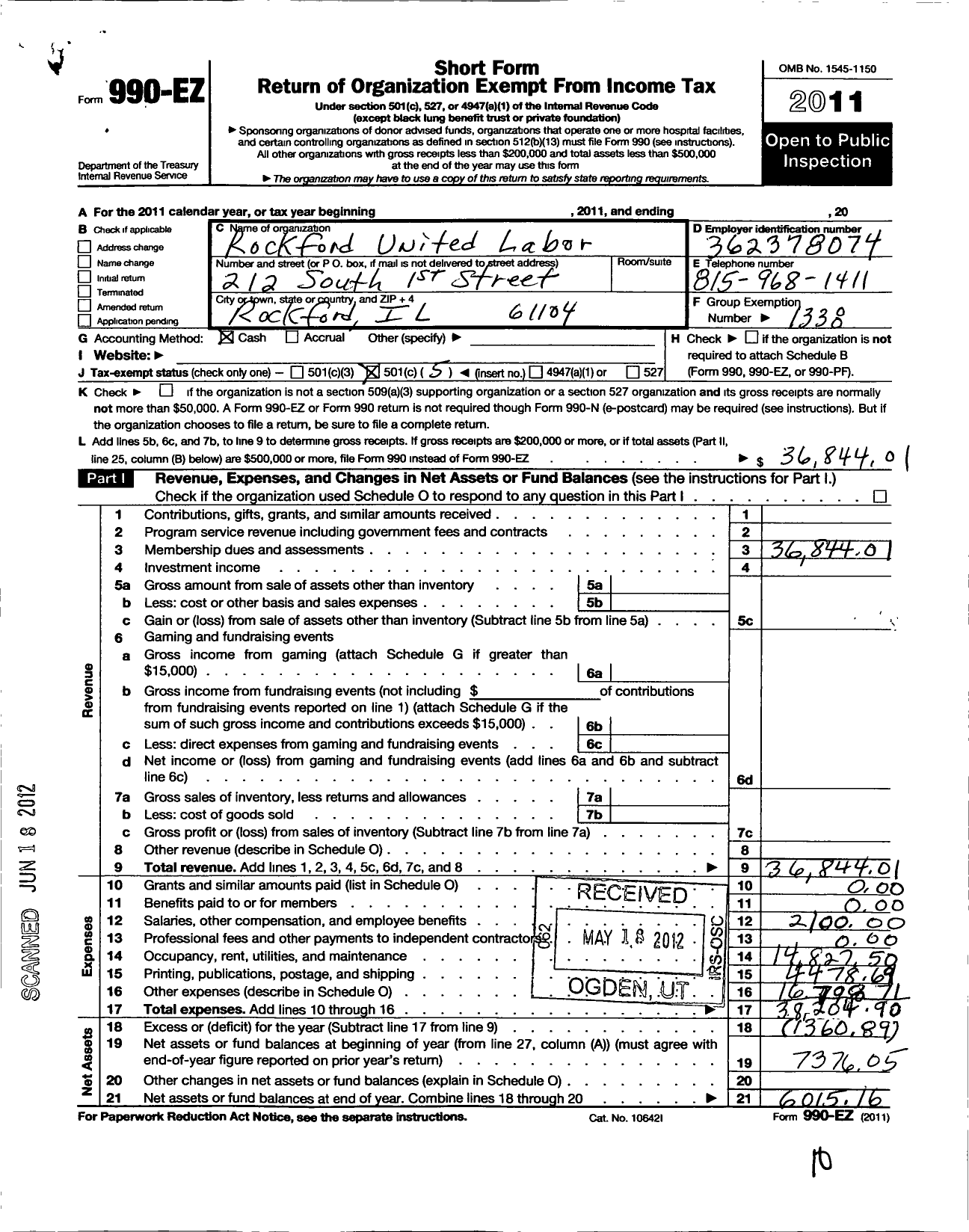 Image of first page of 2011 Form 990EO for AFL-CIO - Rockford United Labor