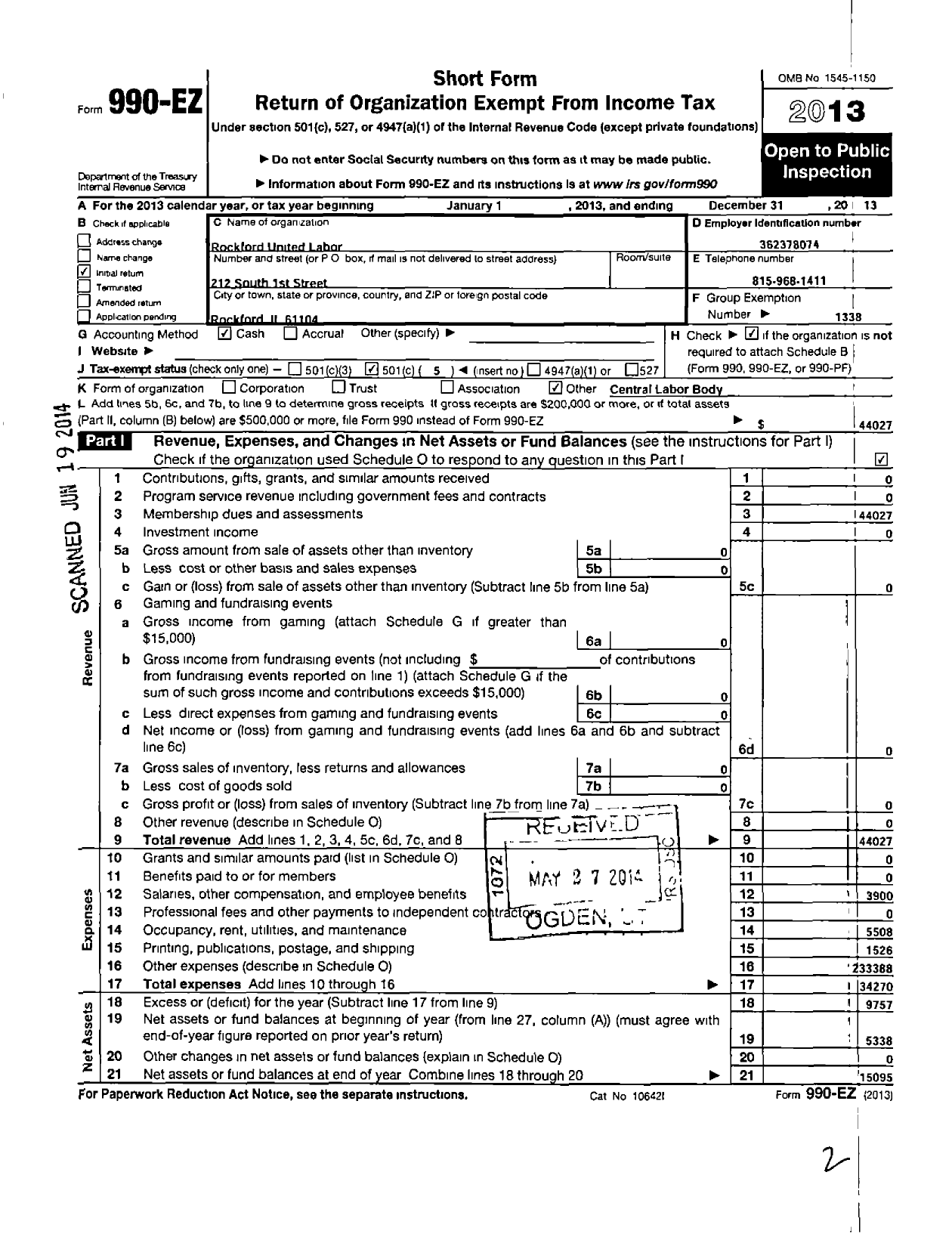 Image of first page of 2013 Form 990EO for AFL-CIO - Rockford United Labor