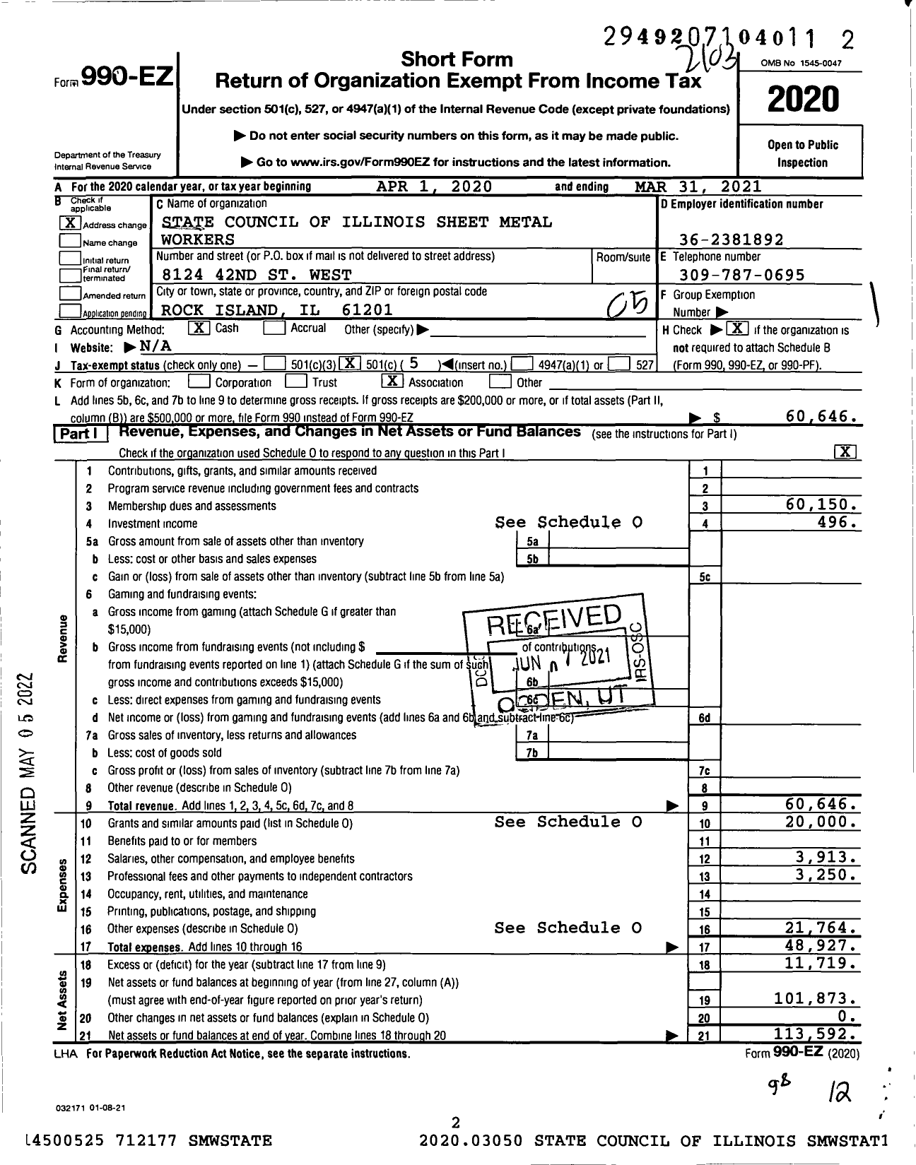 Image of first page of 2020 Form 990EO for Smart Union - State Council of Illinois