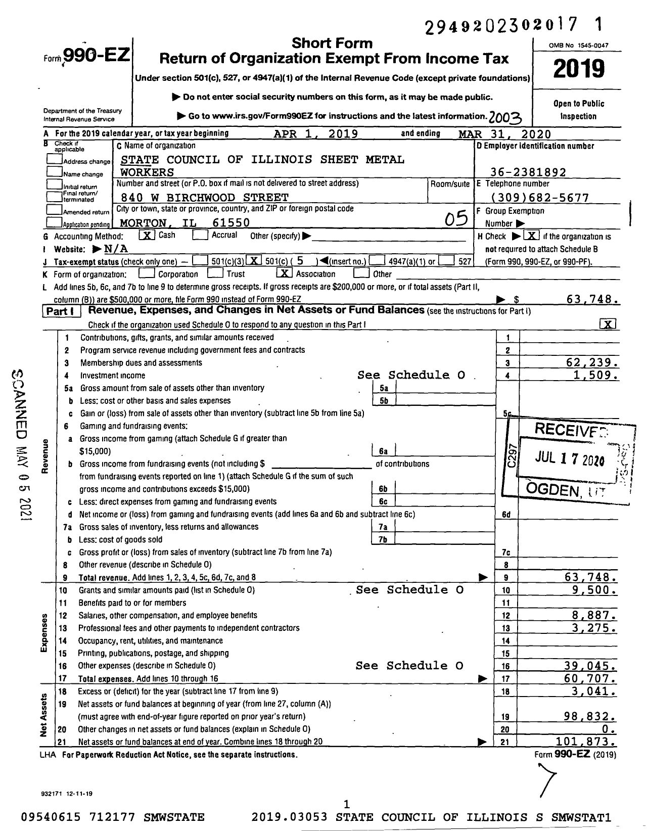 Image of first page of 2019 Form 990EO for Smart Union - State Council of Illinois