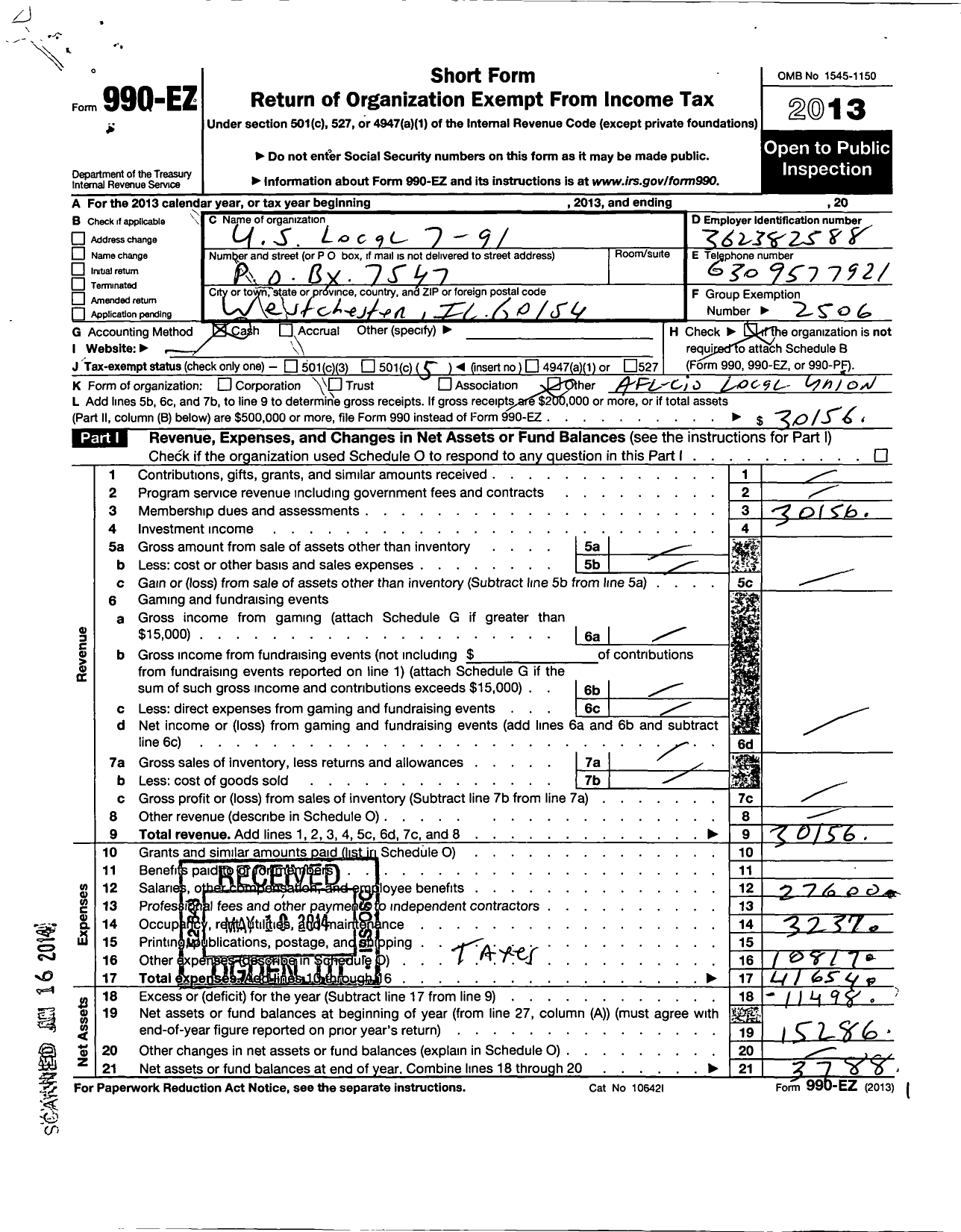 Image of first page of 2013 Form 990EO for United Steelworkers - 7-00091 Local