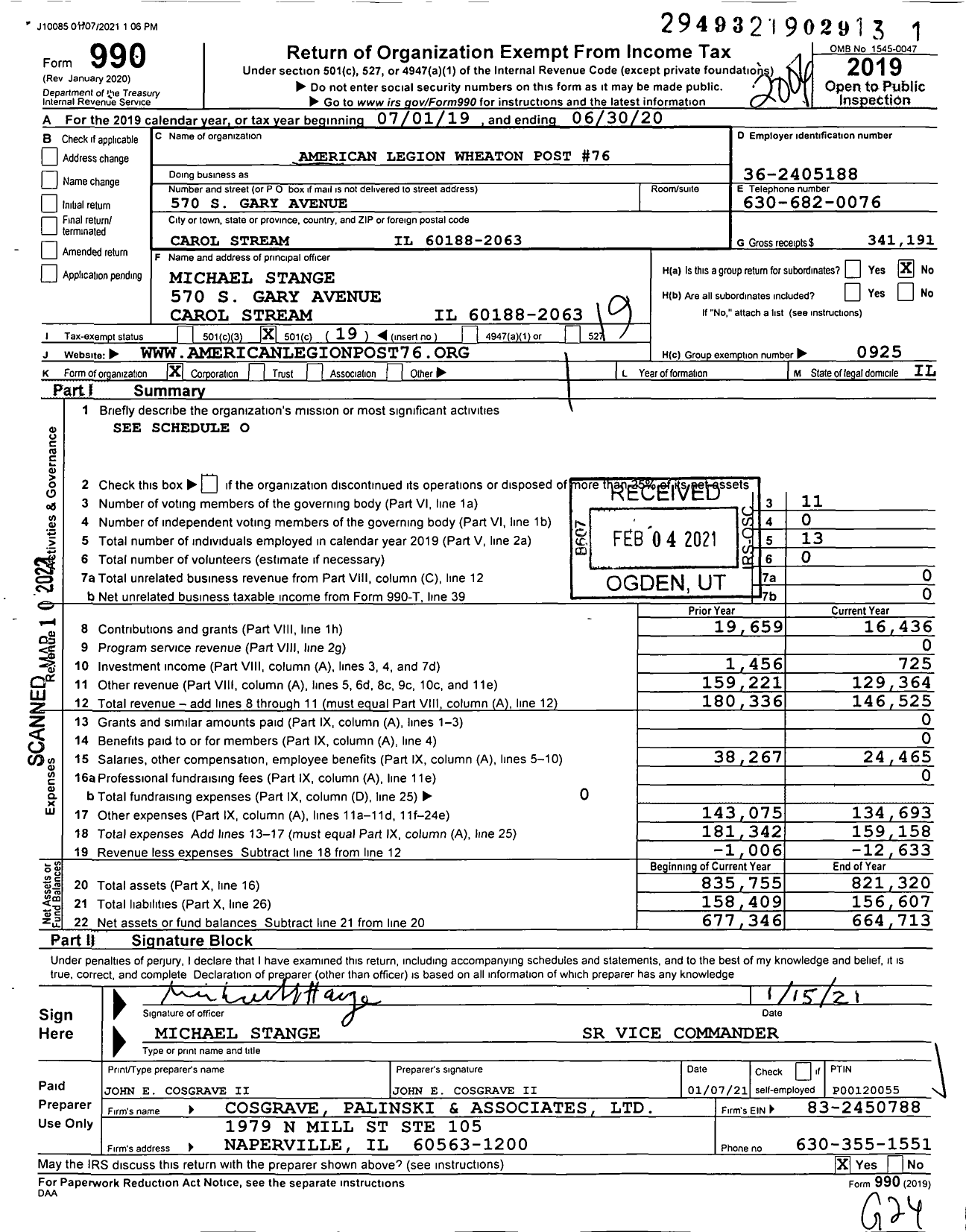 Image of first page of 2019 Form 990O for American Legion Wheaton Post 76