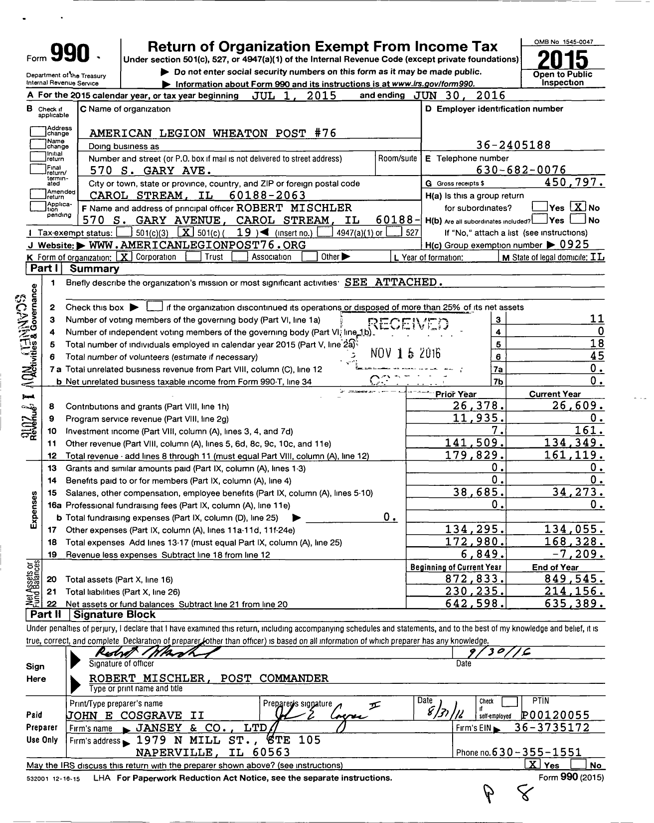 Image of first page of 2015 Form 990O for American Legion Wheaton Post 76
