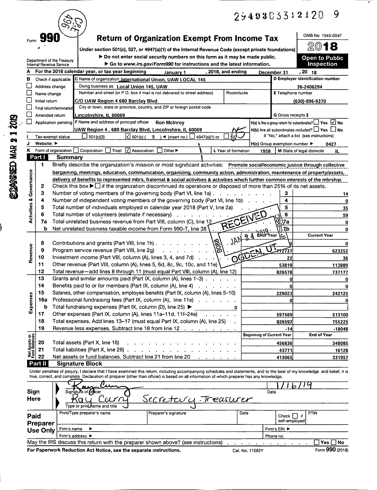 Image of first page of 2018 Form 990O for International Union Uaw Local 145