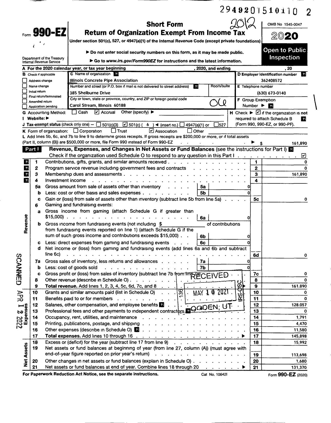 Image of first page of 2020 Form 990EO for Illinois Concrete Pipe Association