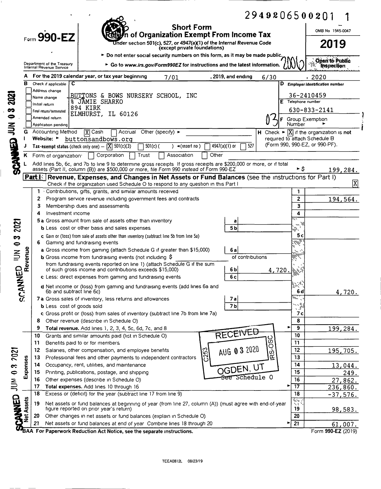 Image of first page of 2019 Form 990EZ for Buttons and Bows Nursery School