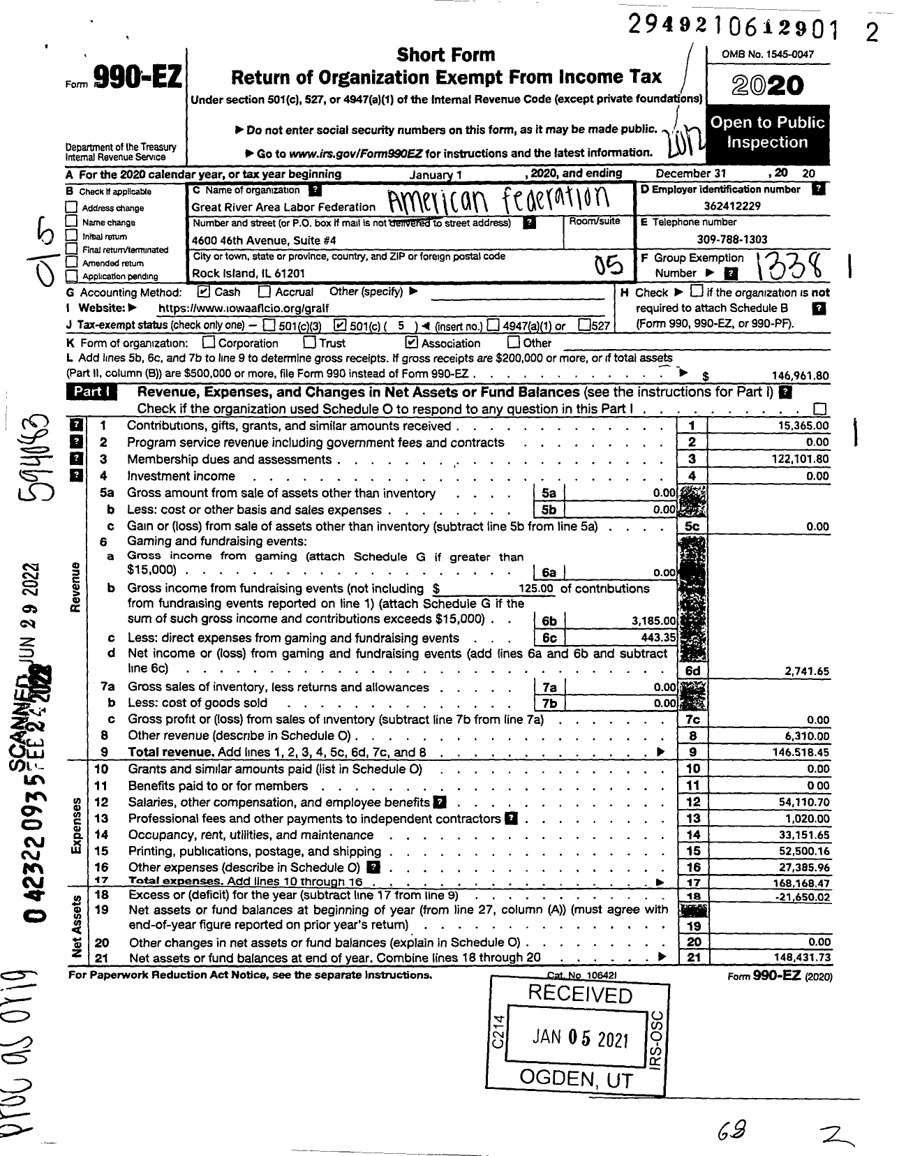 Image of first page of 2020 Form 990EO for AFL-CIO - Great River Area Labor Federation