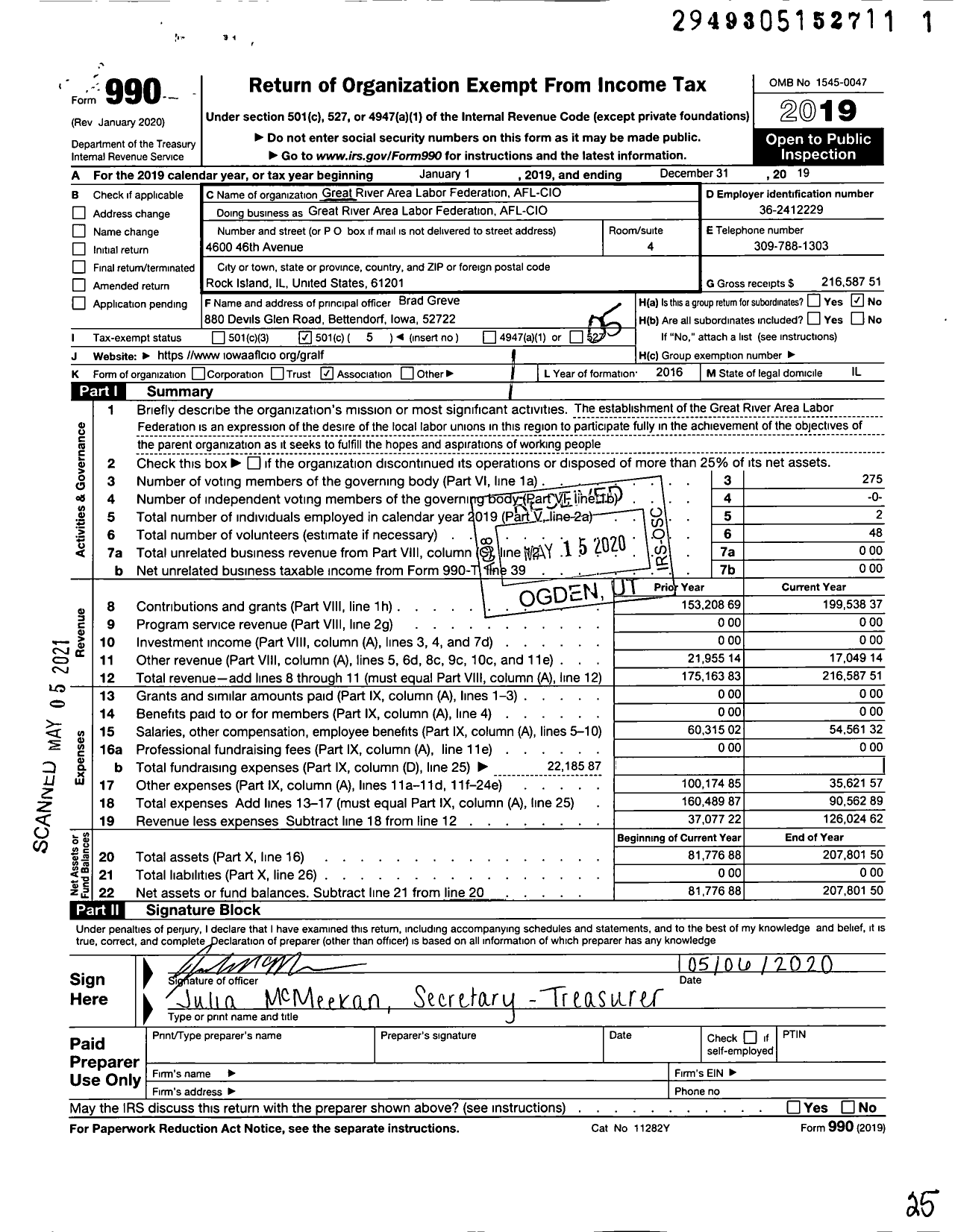 Image of first page of 2019 Form 990O for AFL-CIO - Great River Area Labor Federation