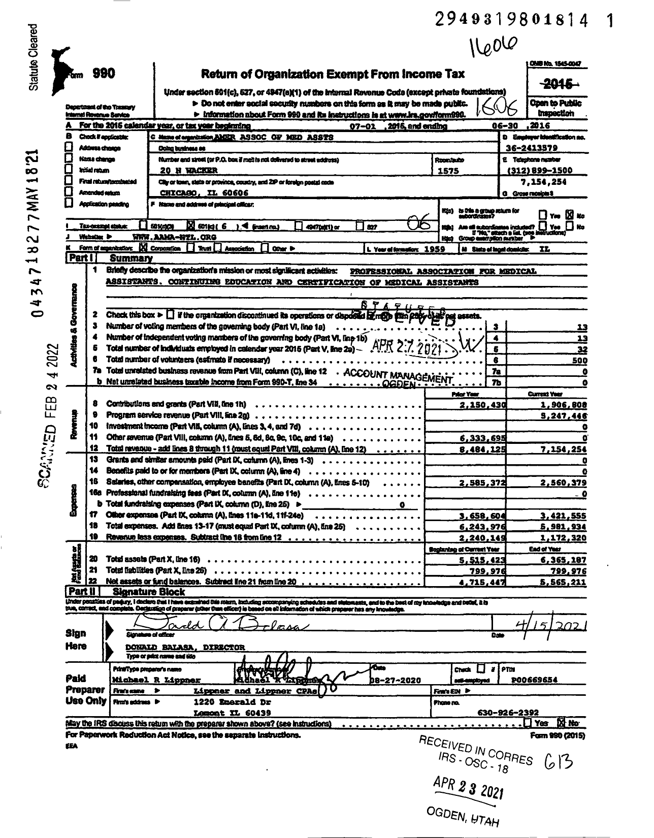 Image of first page of 2015 Form 990O for American Association of Medical Assistants