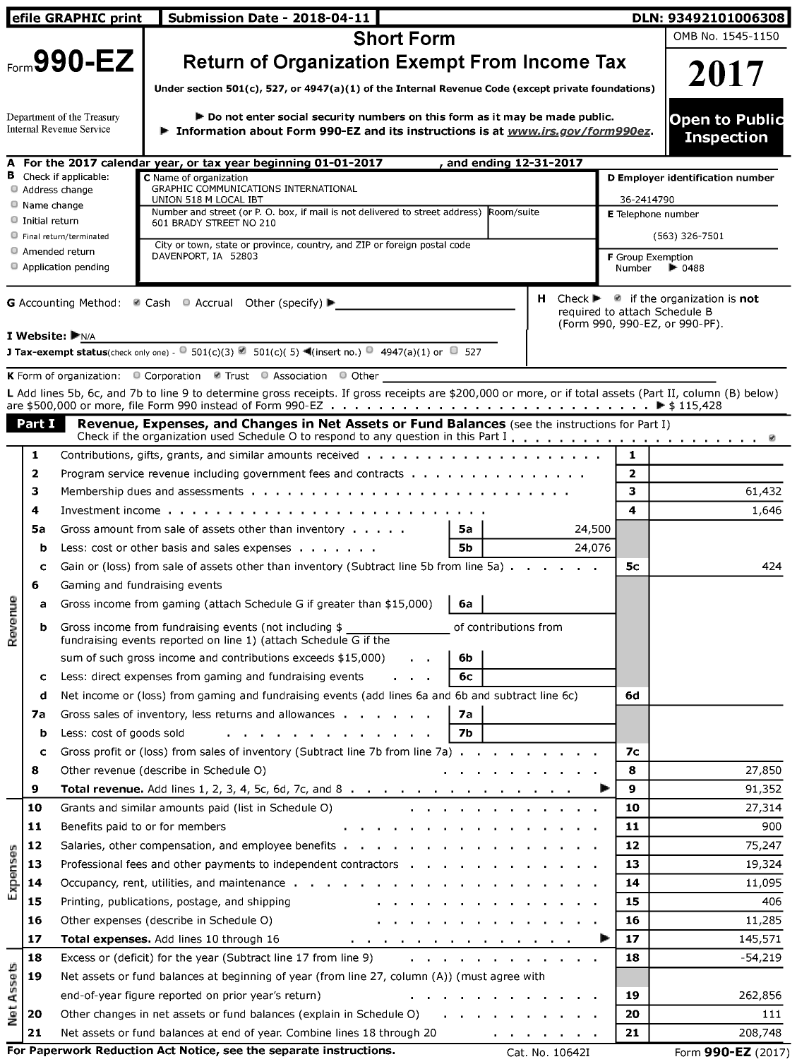 Image of first page of 2017 Form 990EZ for Graphic Communications Conference - 518 M Local Ibt