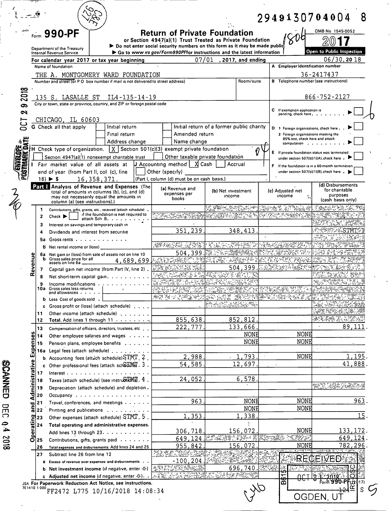 Image of first page of 2017 Form 990PF for The A Montgomery Ward Foundation