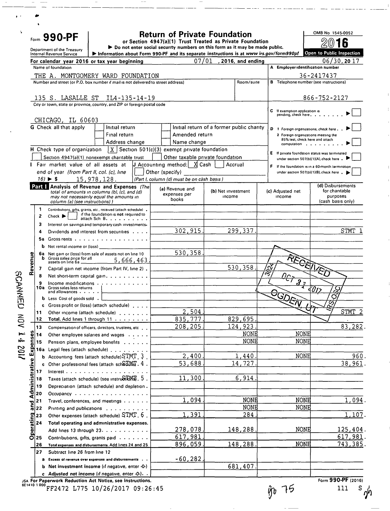 Image of first page of 2016 Form 990PF for The A Montgomery Ward Foundation