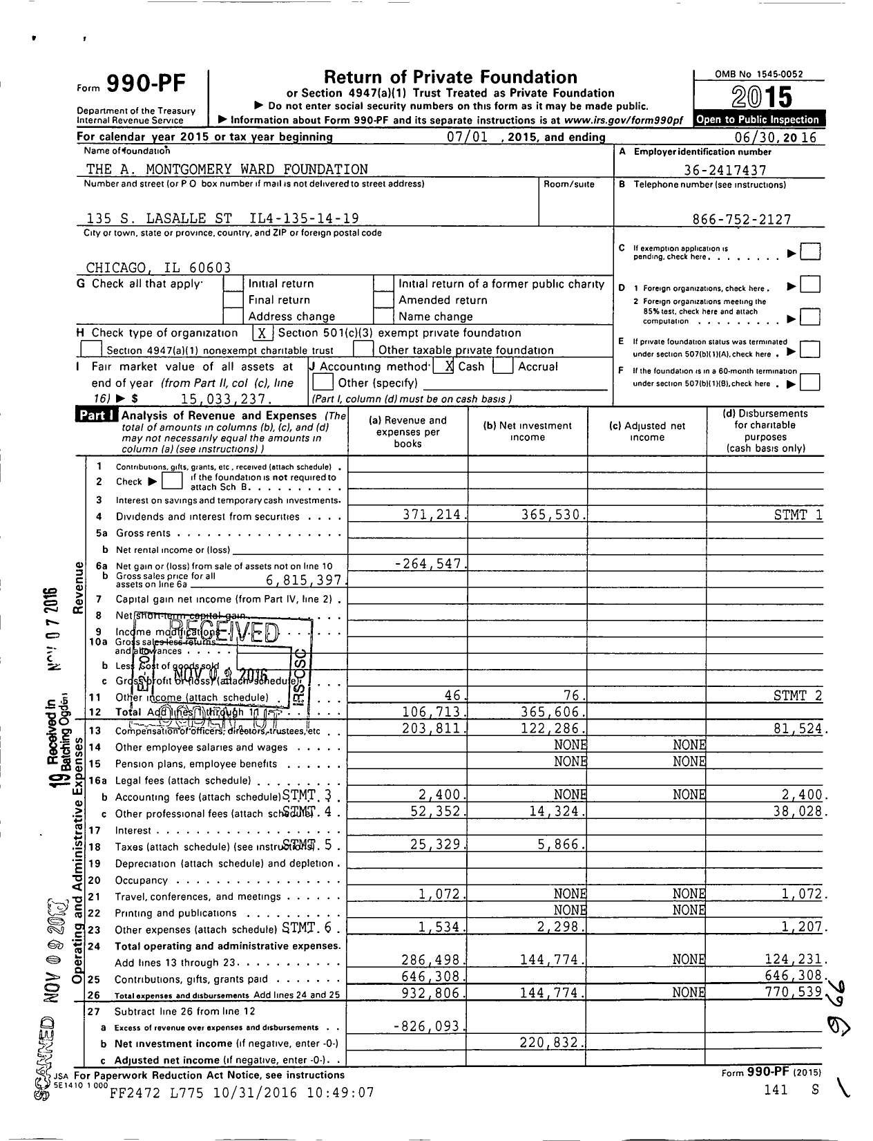 Image of first page of 2015 Form 990PF for The A Montgomery Ward Foundation