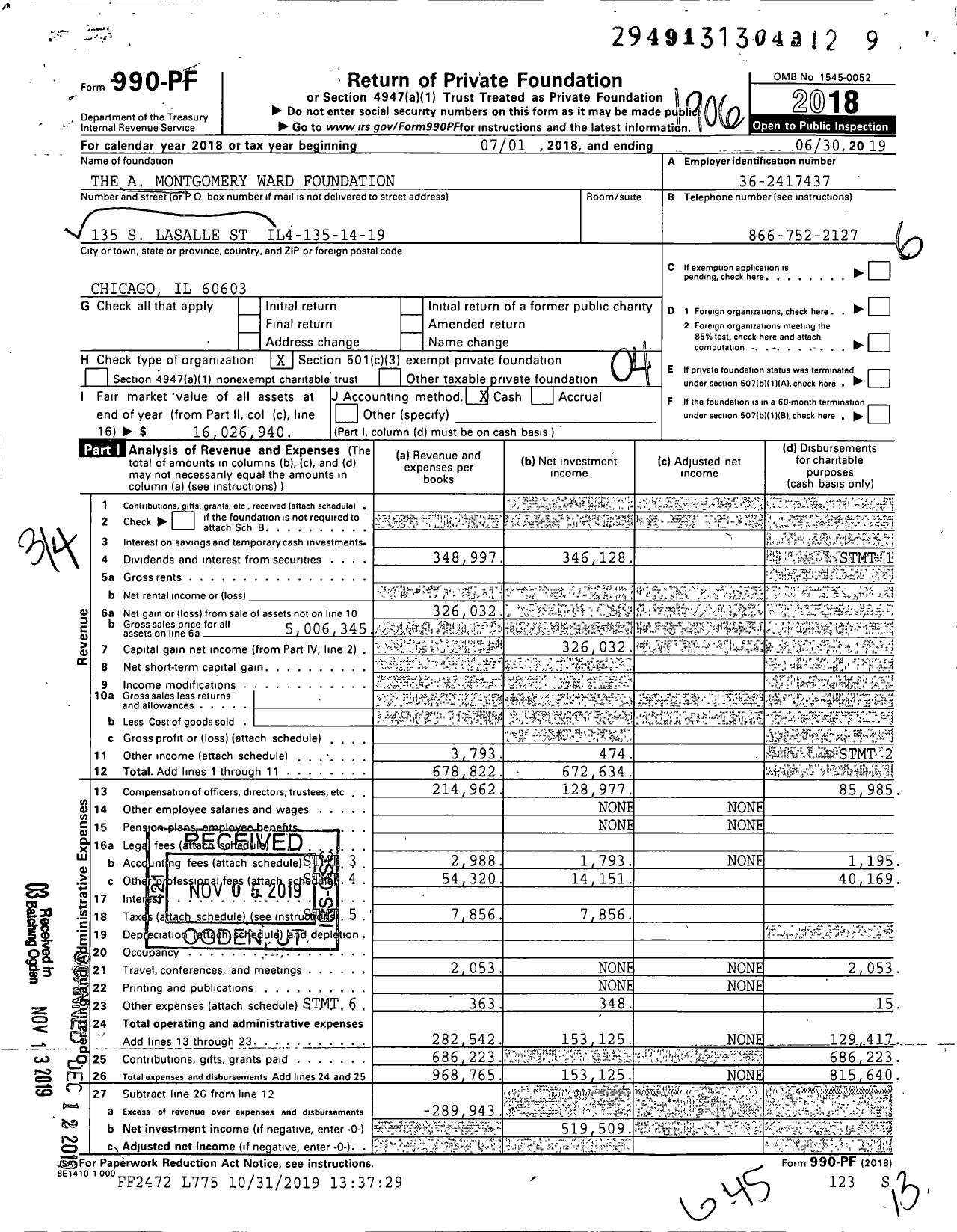 Image of first page of 2018 Form 990PF for The A Montgomery Ward Foundation