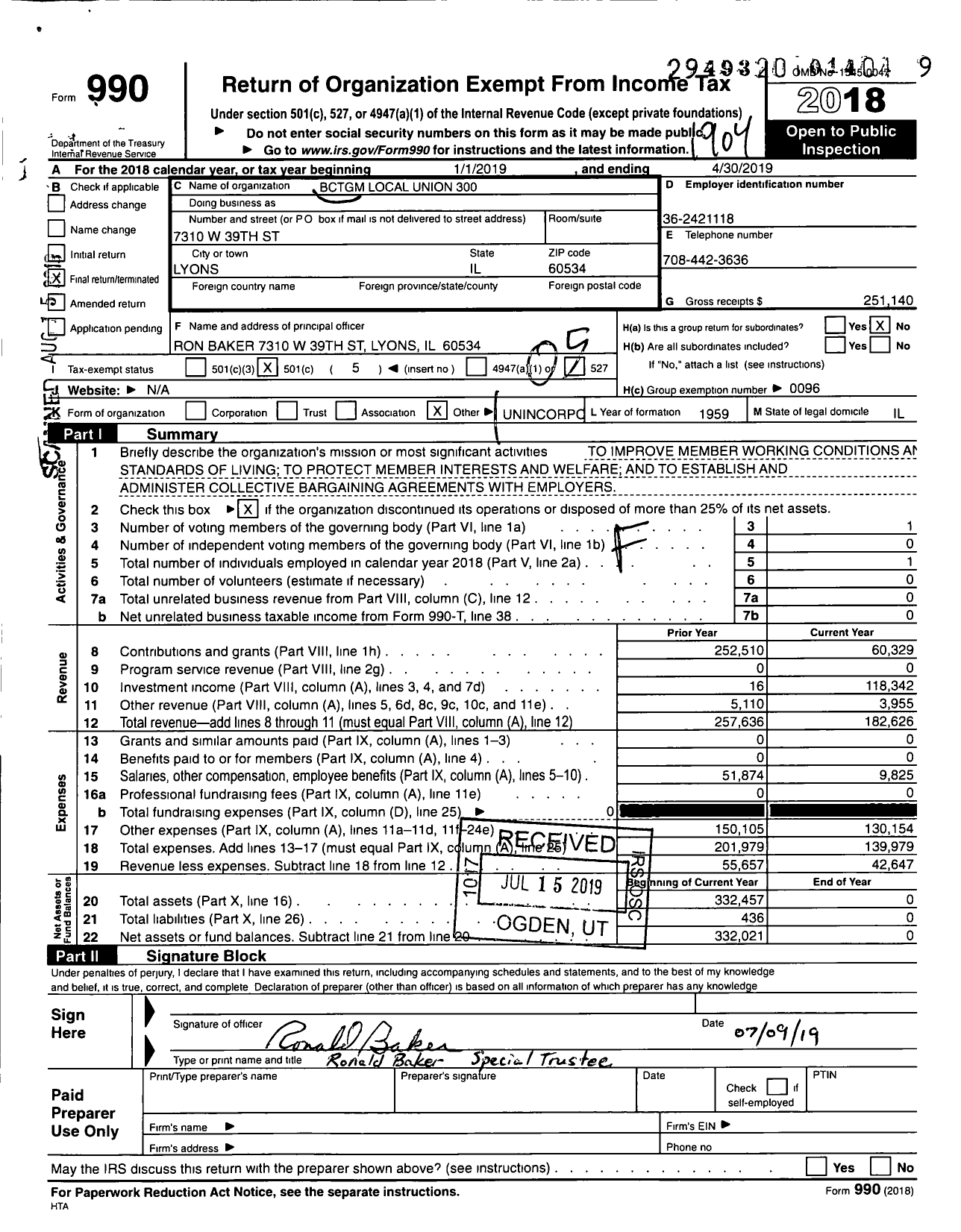 Image of first page of 2018 Form 990O for BCTGM International Union - Grain Miller Local 300