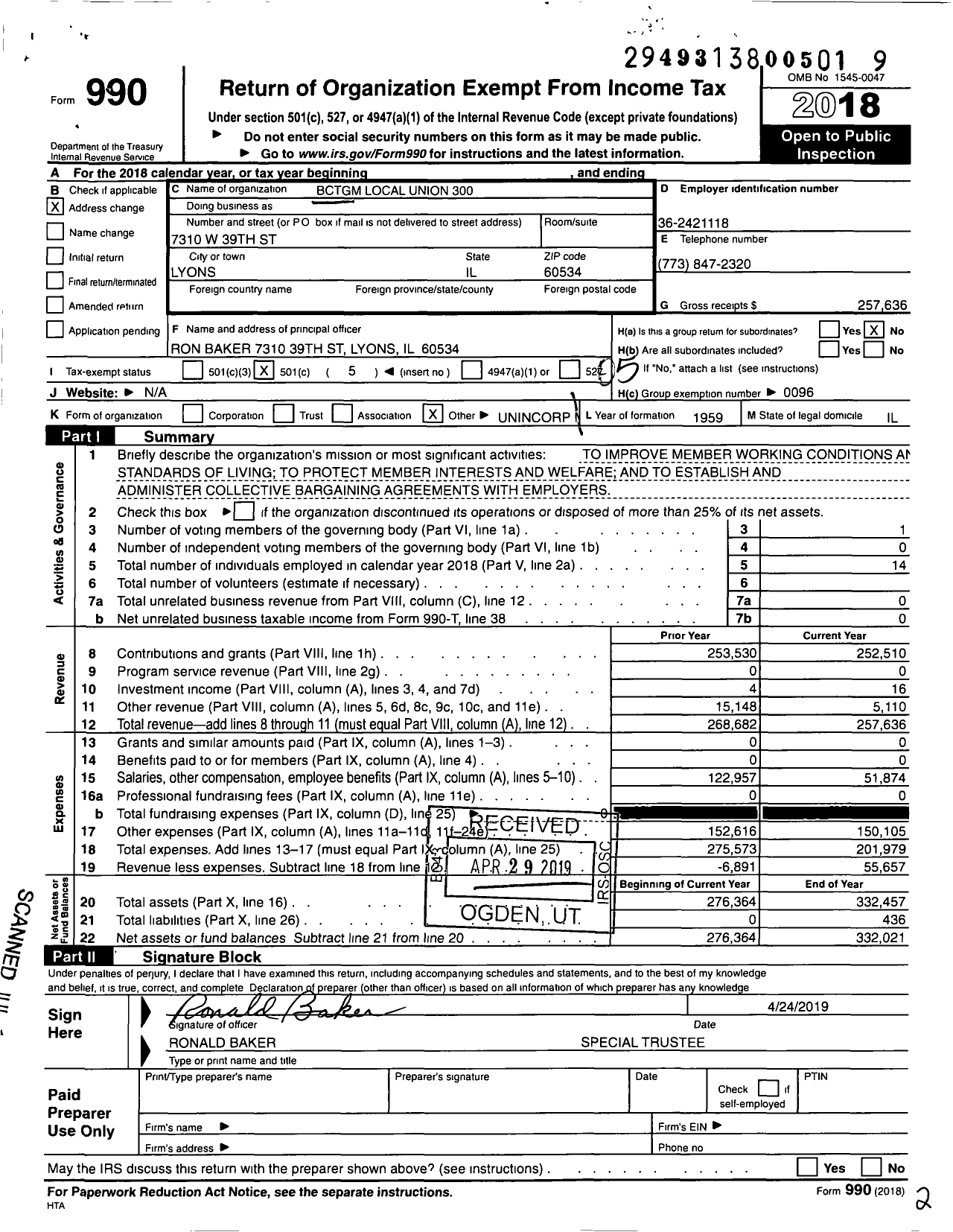 Image of first page of 2018 Form 990O for BCTGM International Union - Grain Miller Local 300