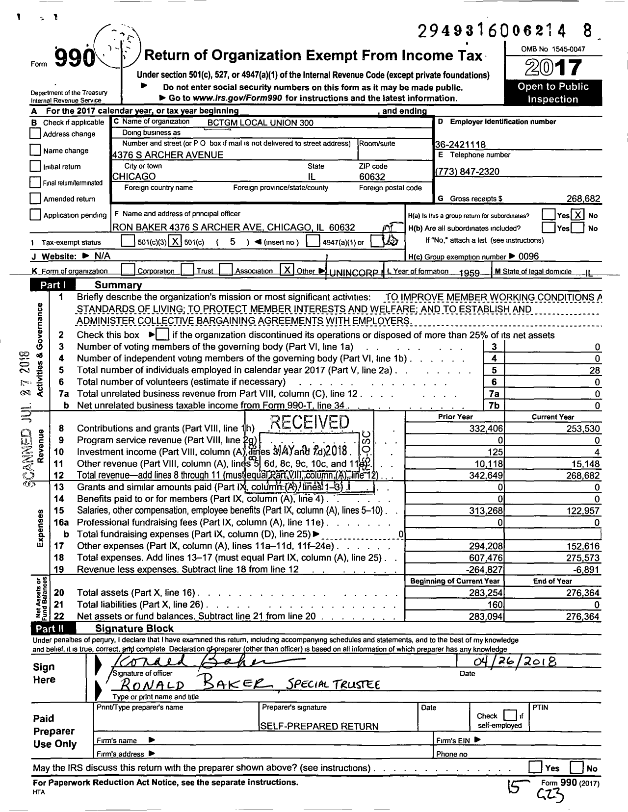 Image of first page of 2017 Form 990O for BCTGM International Union - Grain Miller Local 300