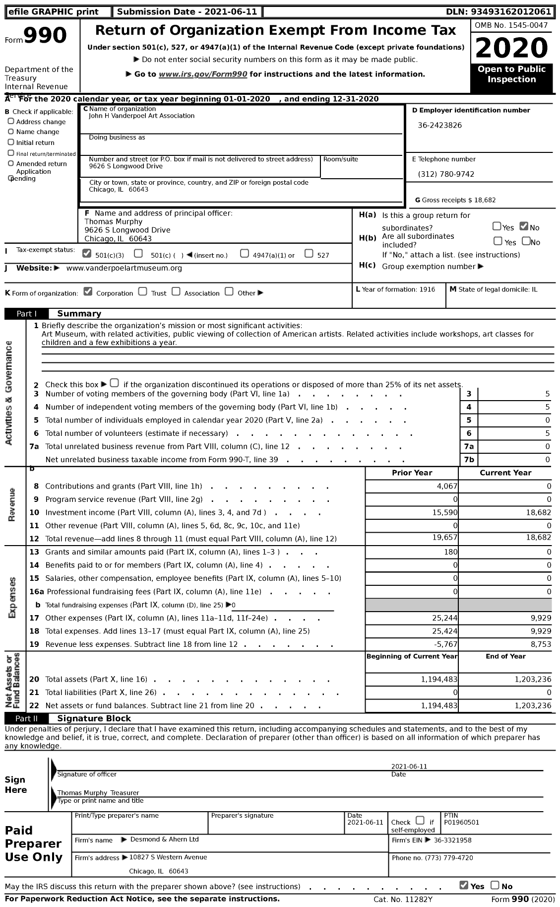 Image of first page of 2020 Form 990 for John H Vanderpoel Art Association