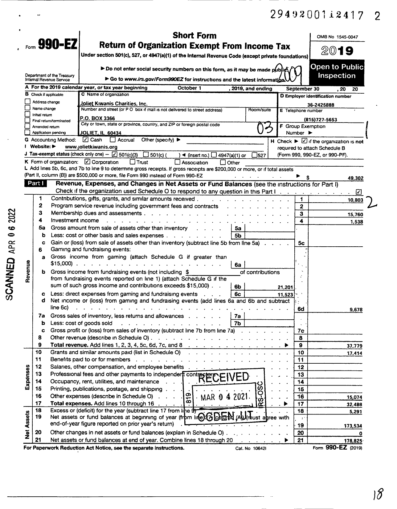 Image of first page of 2019 Form 990EZ for Joliet Kiwanis Charities