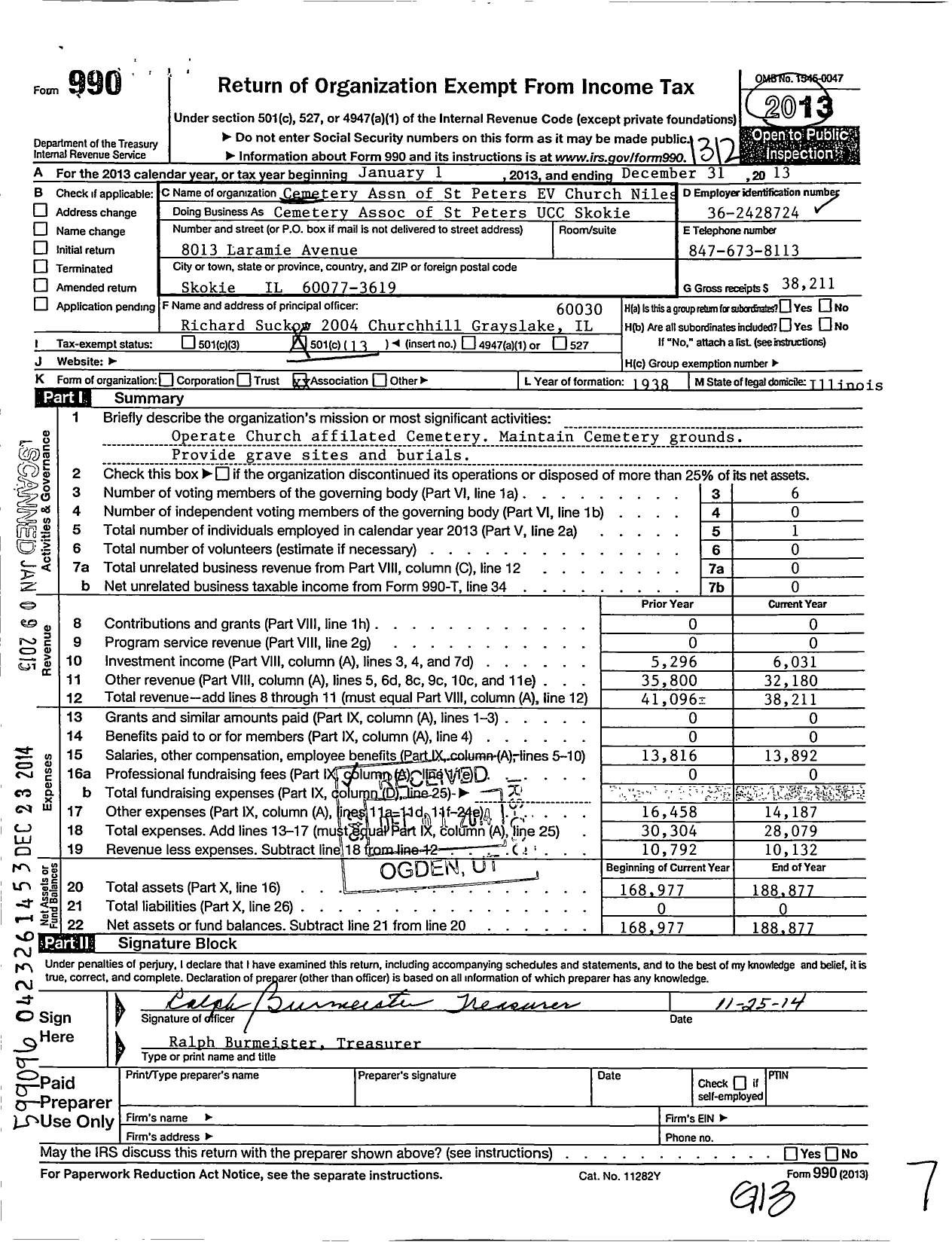 Image of first page of 2013 Form 990O for Cemetery Association of St Peters United Church of Christ of Skokie Ill