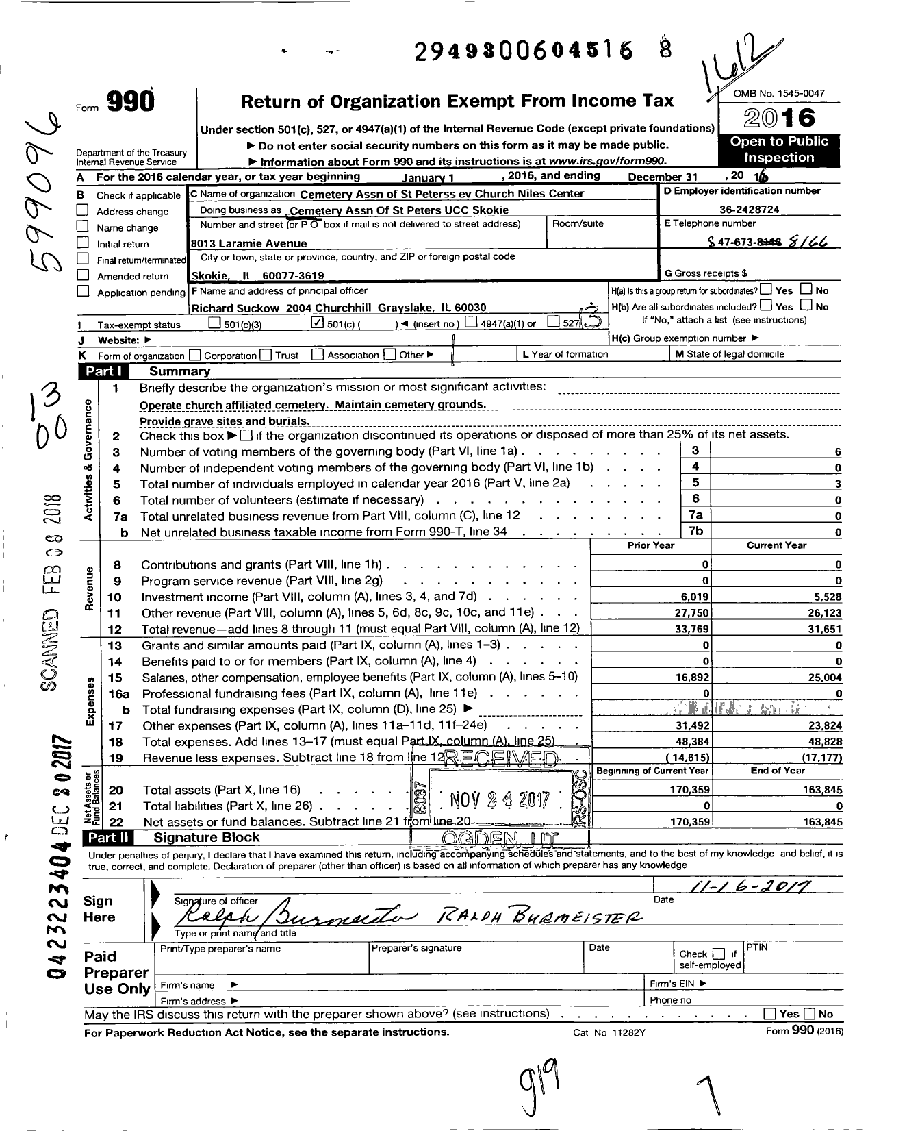 Image of first page of 2016 Form 990O for Cemetery Association of St Peters United Church of Christ of Skokie Ill