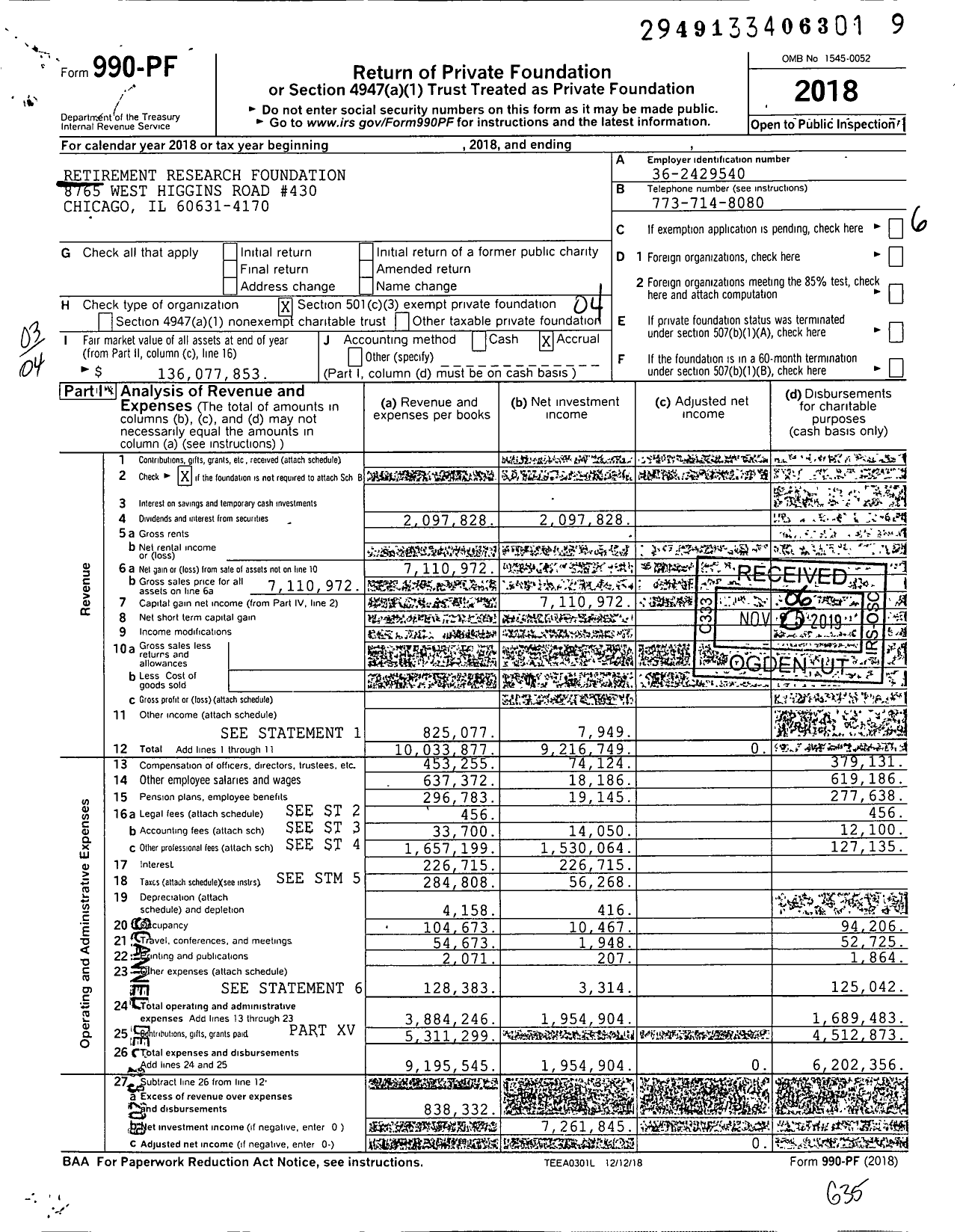 Image of first page of 2018 Form 990PF for Retirement Research Foundation (RRF)