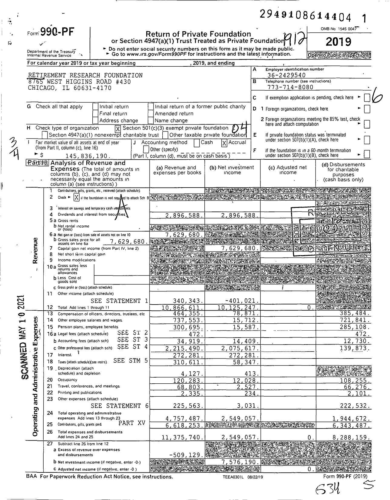 Image of first page of 2019 Form 990PF for Retirement Research Foundation (RRF)
