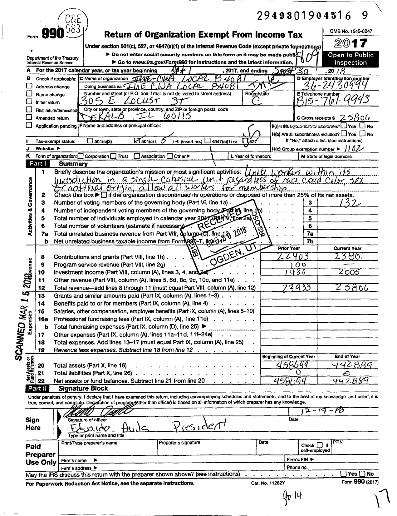 Image of first page of 2017 Form 990O for Communications Workers of America - 84081 Local