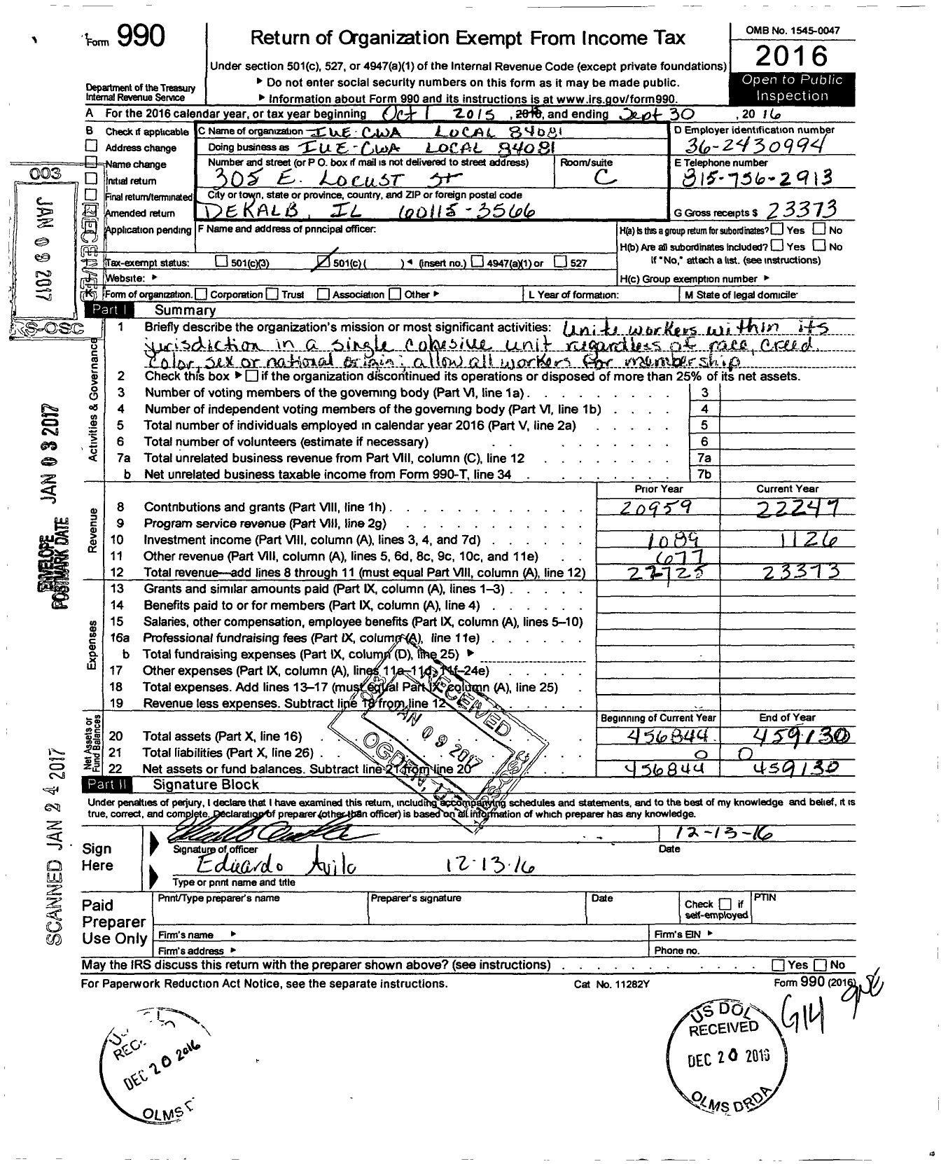 Image of first page of 2015 Form 990O for Communications Workers of America - 84081 Local