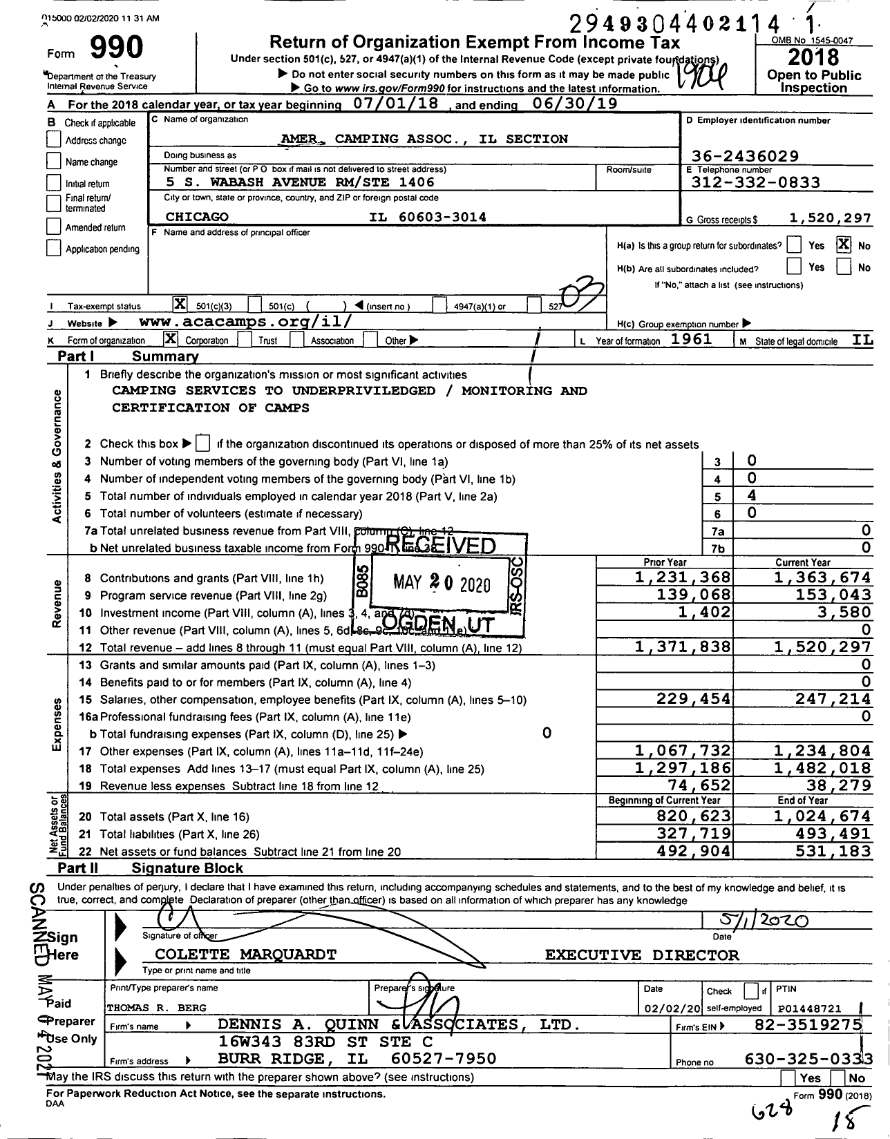 Image of first page of 2018 Form 990 for Amer Camping Association Il Section