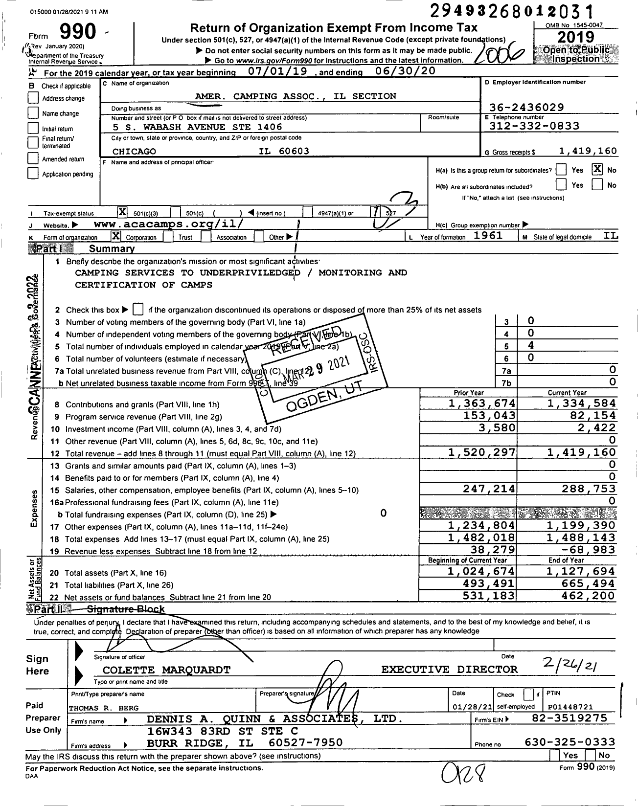Image of first page of 2019 Form 990 for Amer Camping Association Il Section