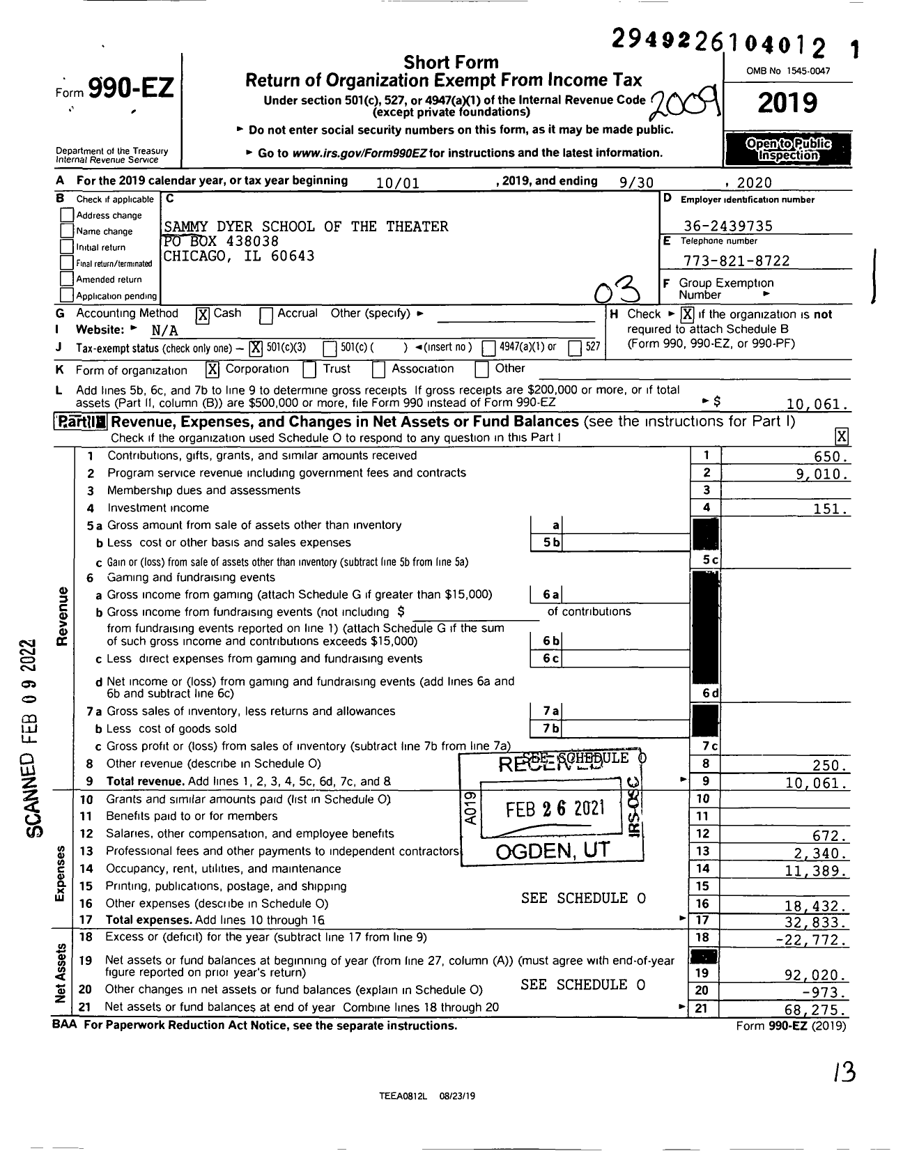 Image of first page of 2019 Form 990EZ for Sammy Dyer School of Theater