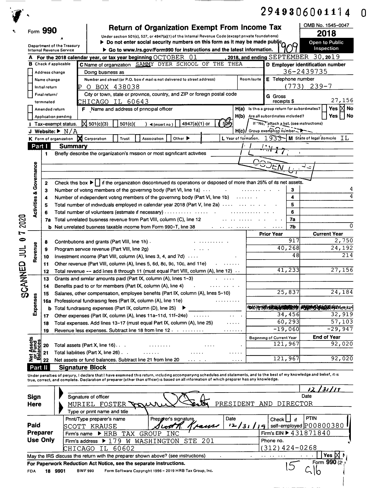 Image of first page of 2018 Form 990 for Sammy Dyer School of Theater