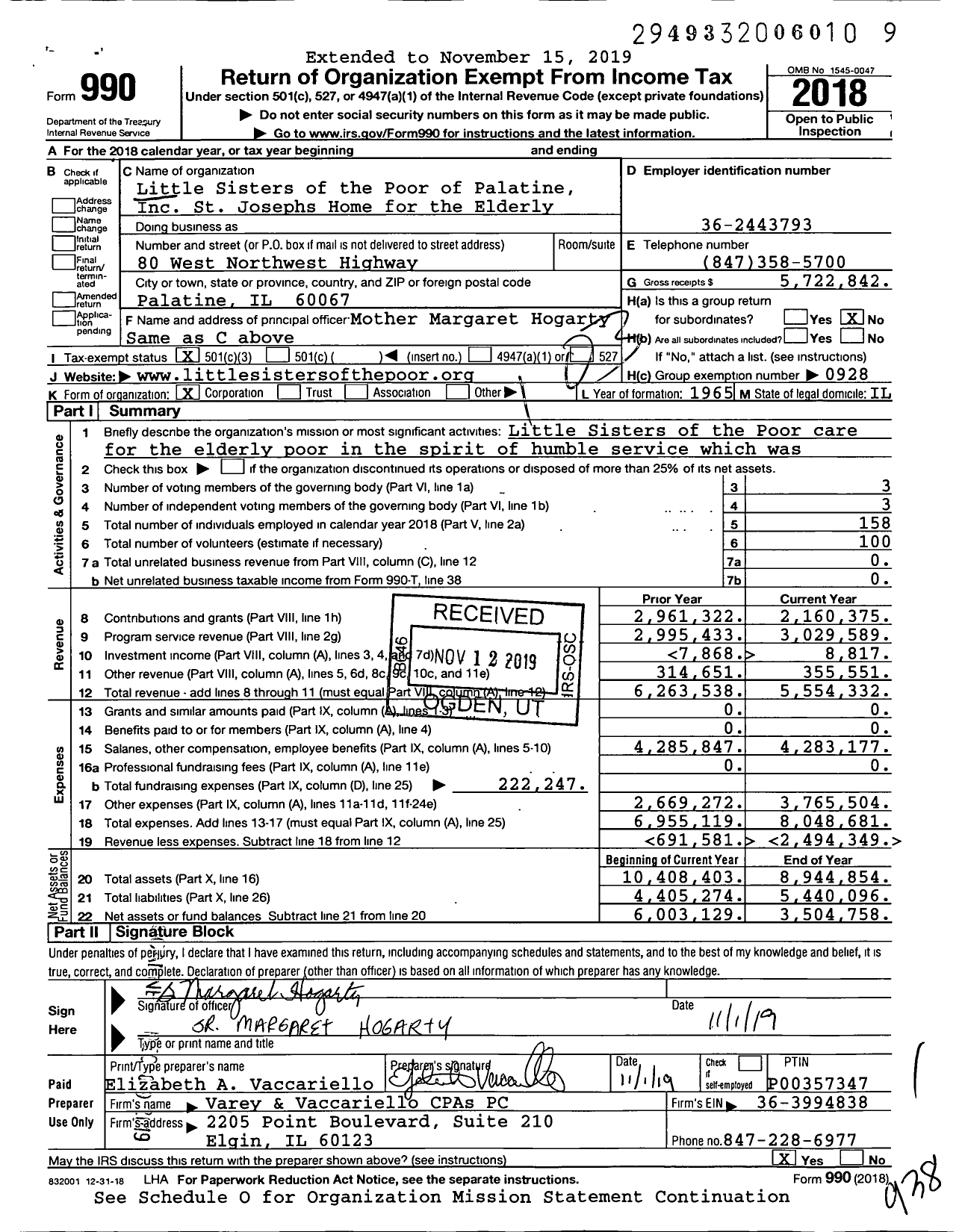 Image of first page of 2018 Form 990 for Little Sisters of the Poor Palatine St Josephs Home for the Elderly