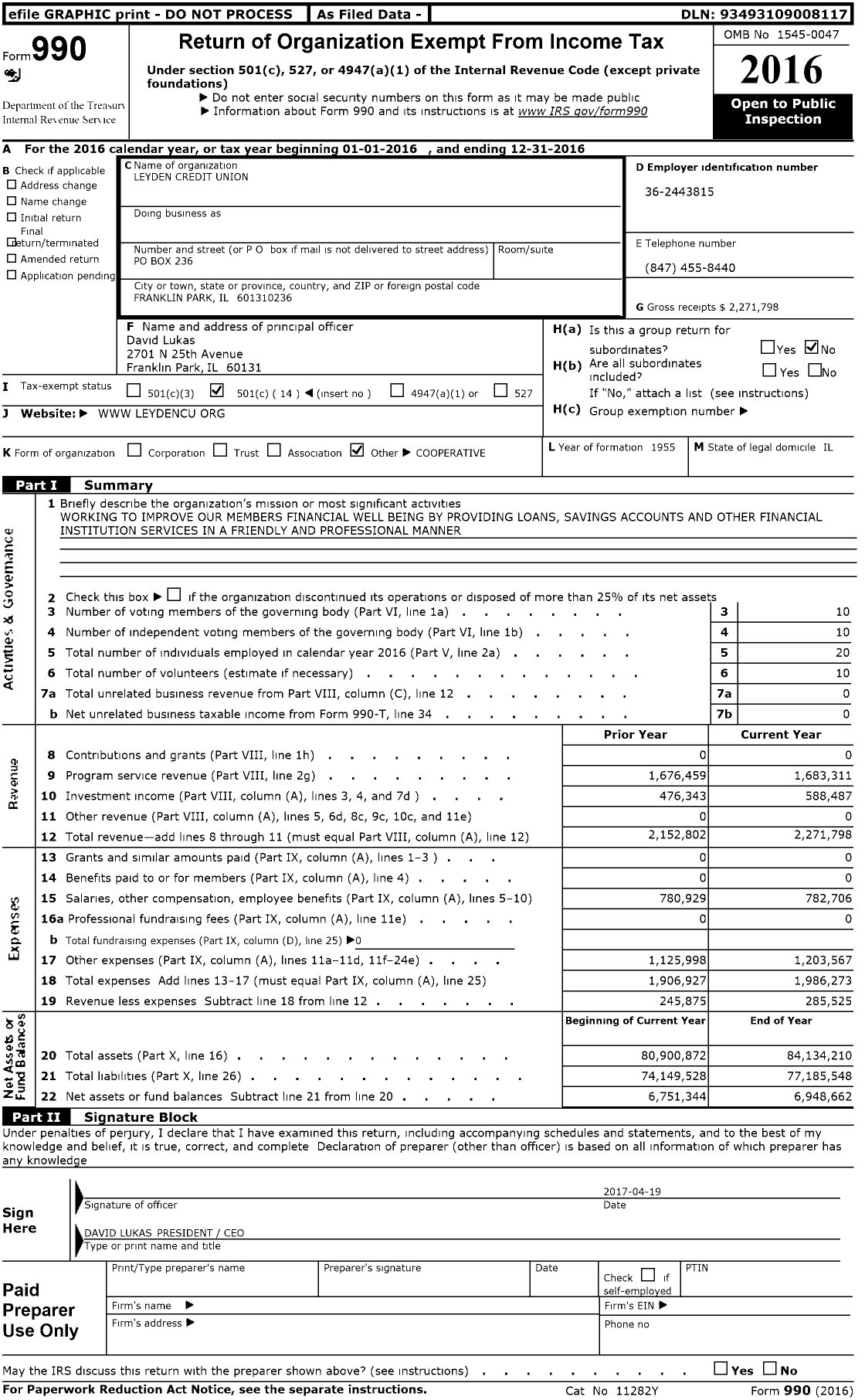 Image of first page of 2016 Form 990O for Leyden Credit Union