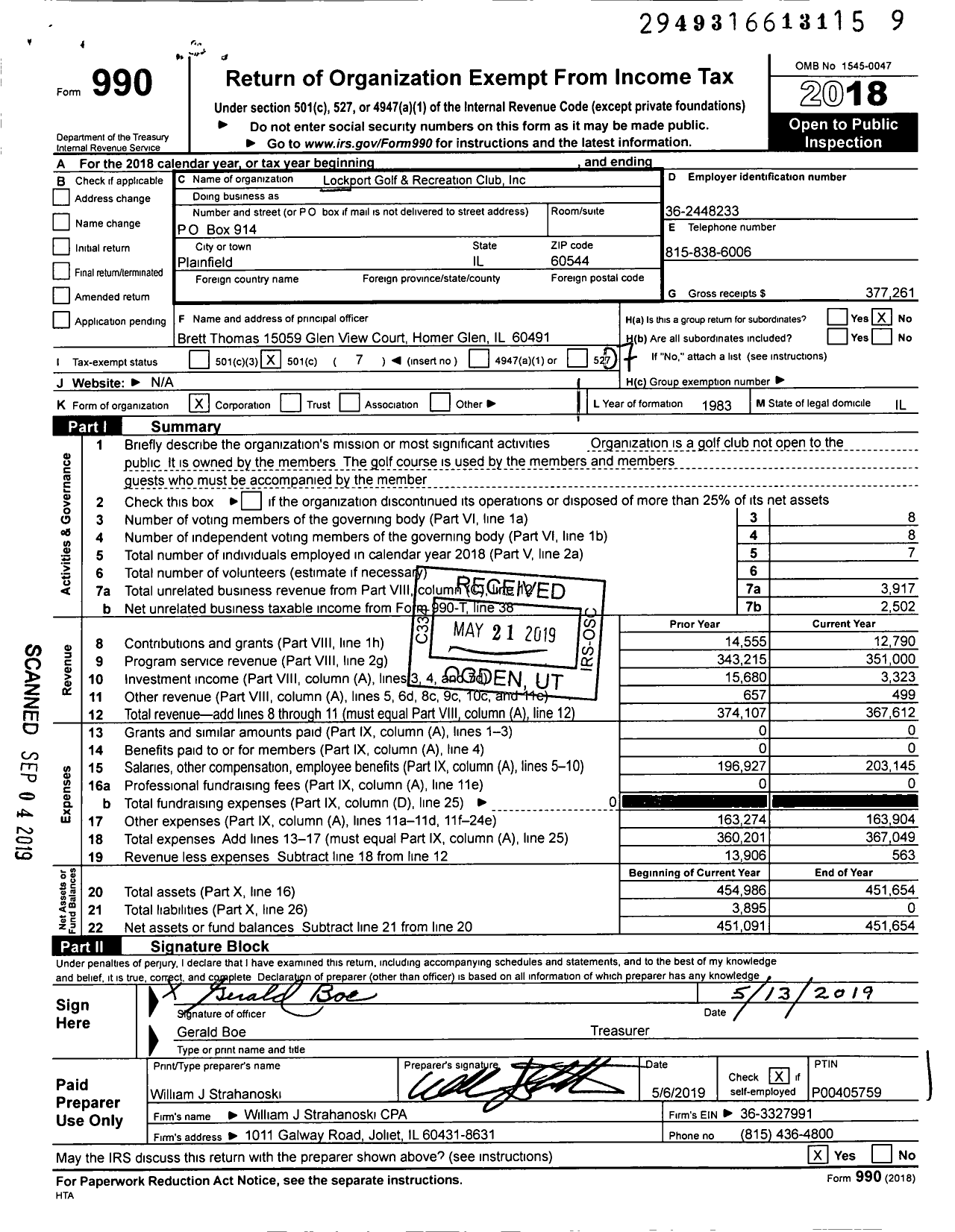 Image of first page of 2018 Form 990O for Lockport Golf and Recreation Club