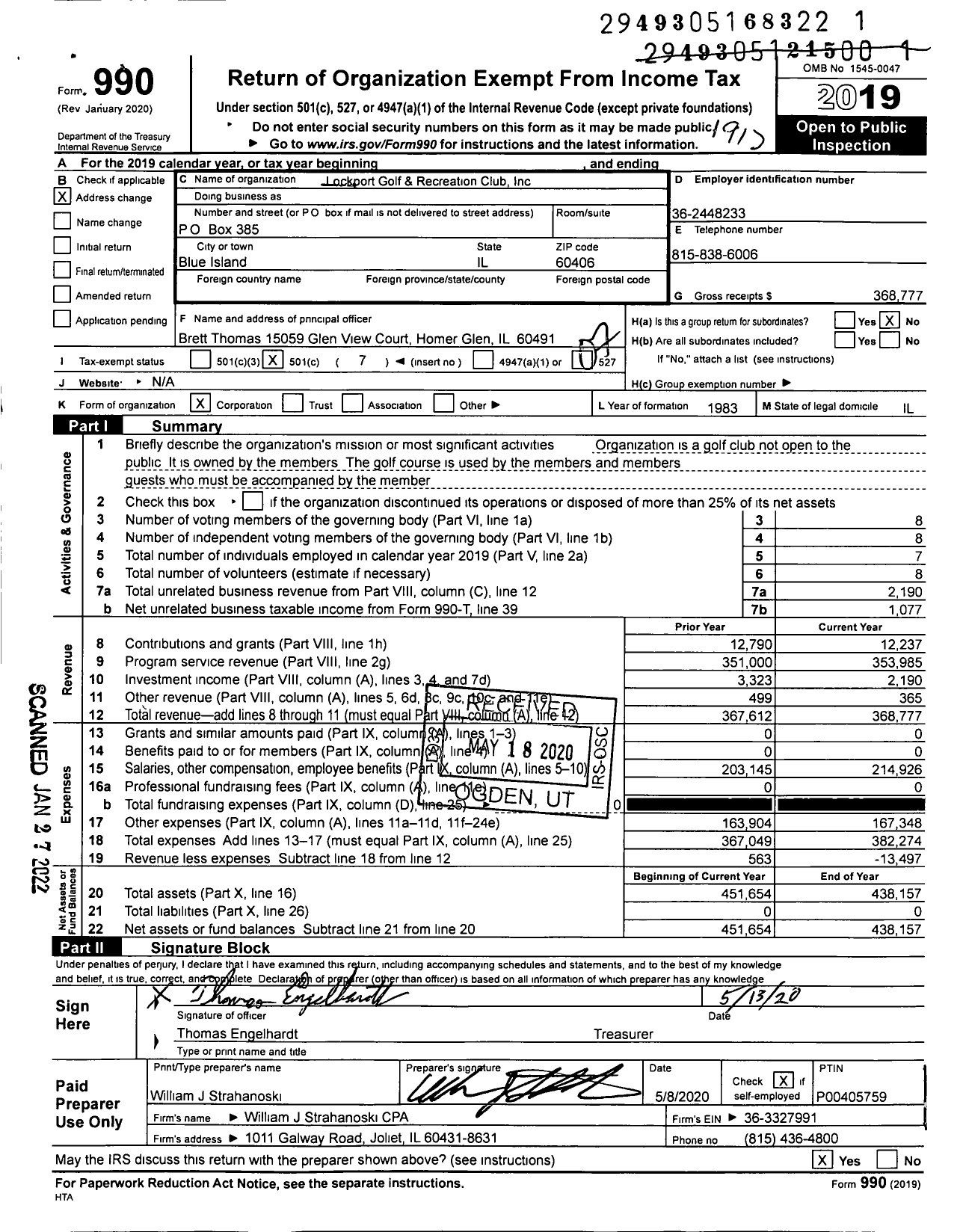 Image of first page of 2019 Form 990O for Lockport Golf and Recreation Club