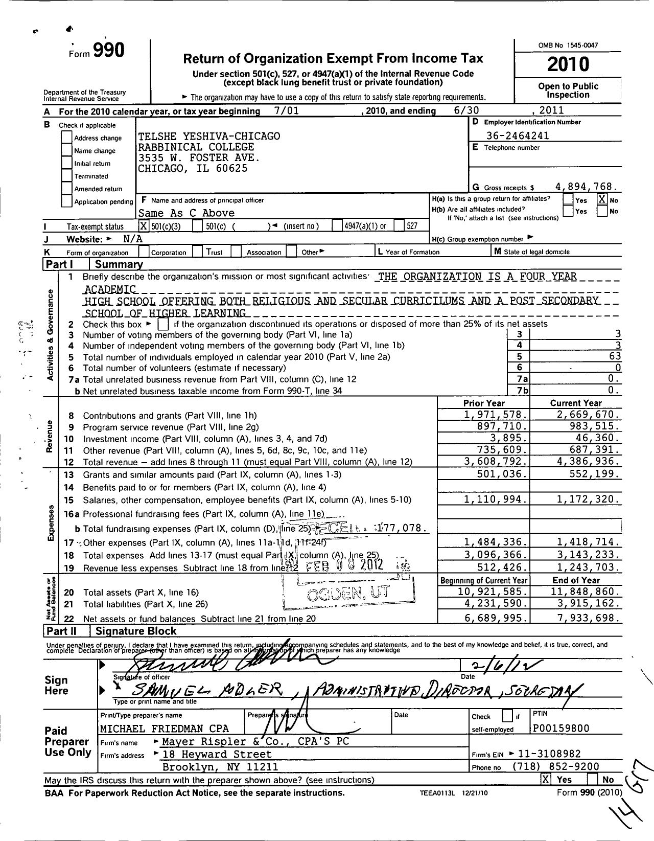 Image of first page of 2010 Form 990 for Telshe Yeshiva-Chicago Rabbinical College