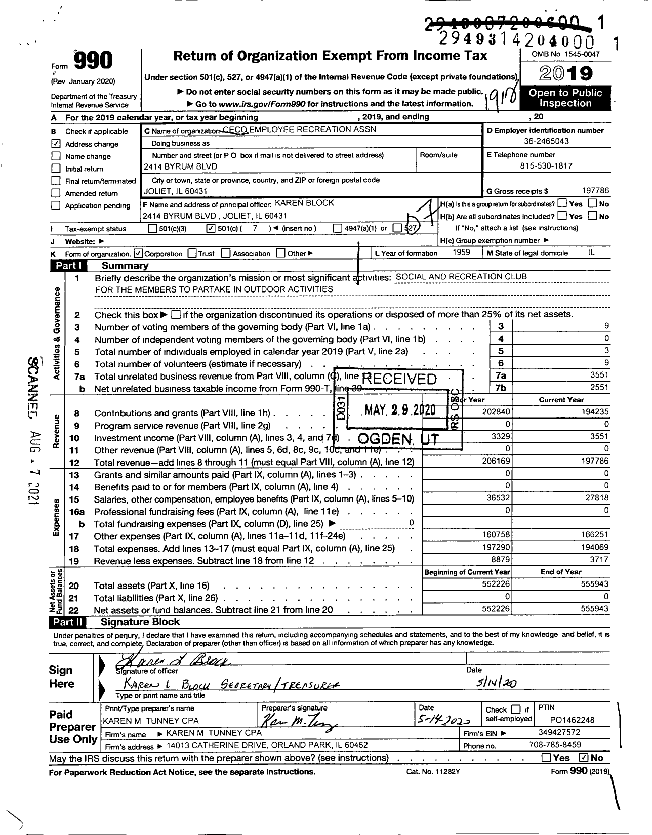 Image of first page of 2019 Form 990O for Ceco Employee Recreation Association