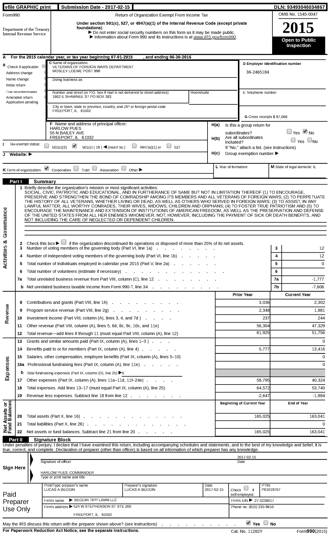 Image of first page of 2015 Form 990 for VFW Dept of Illinois - 998 Moseley Loewe Post