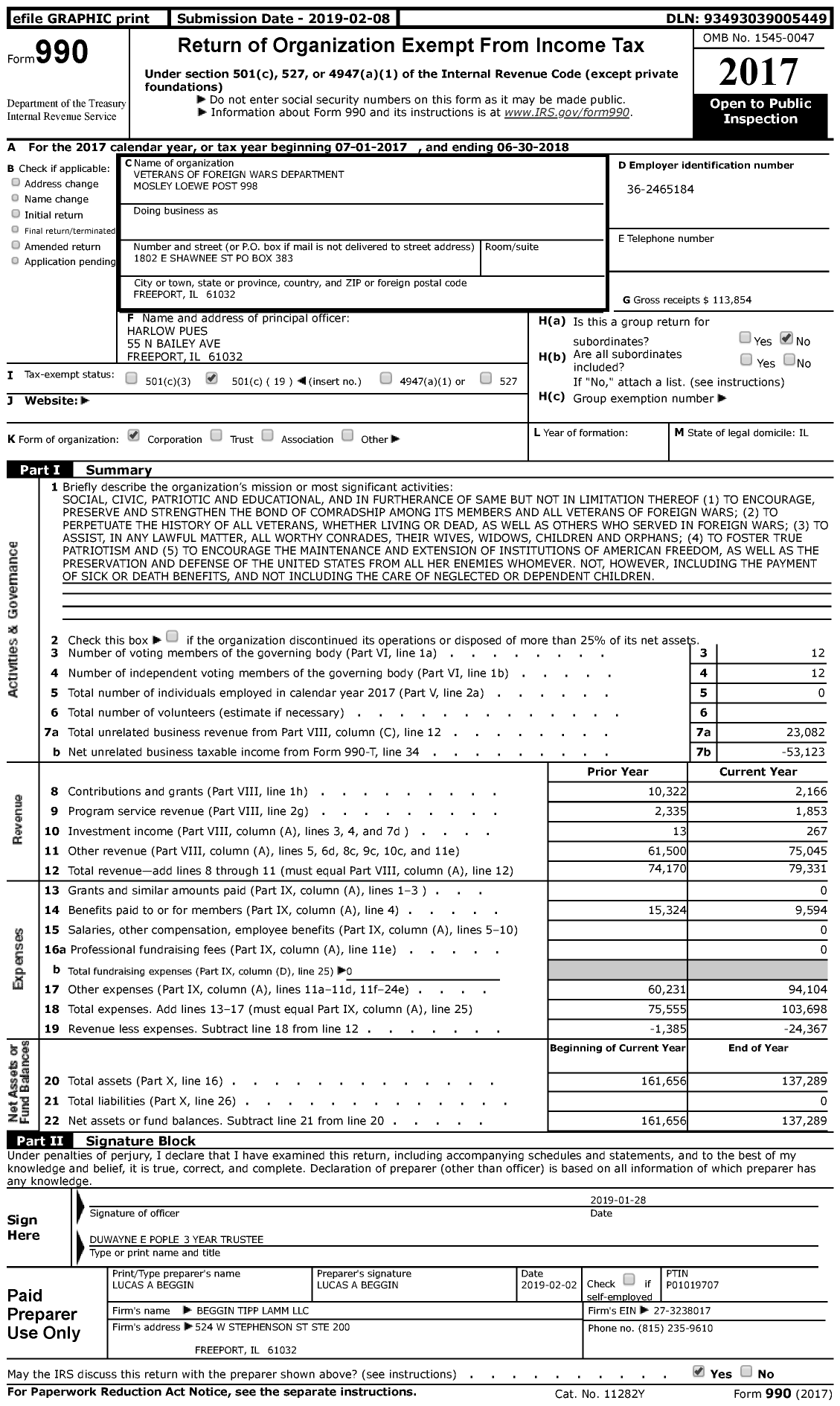 Image of first page of 2017 Form 990 for VFW Dept of Illinois - 998 Moseley Loewe Post