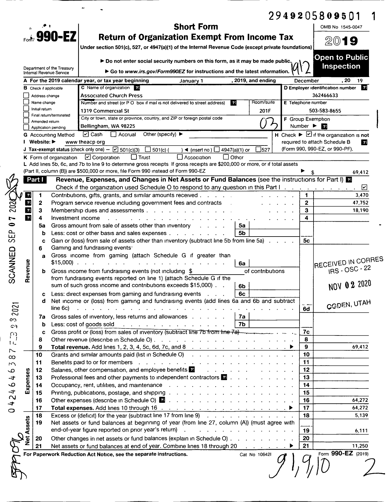 Image of first page of 2019 Form 990EZ for Associated Church Press