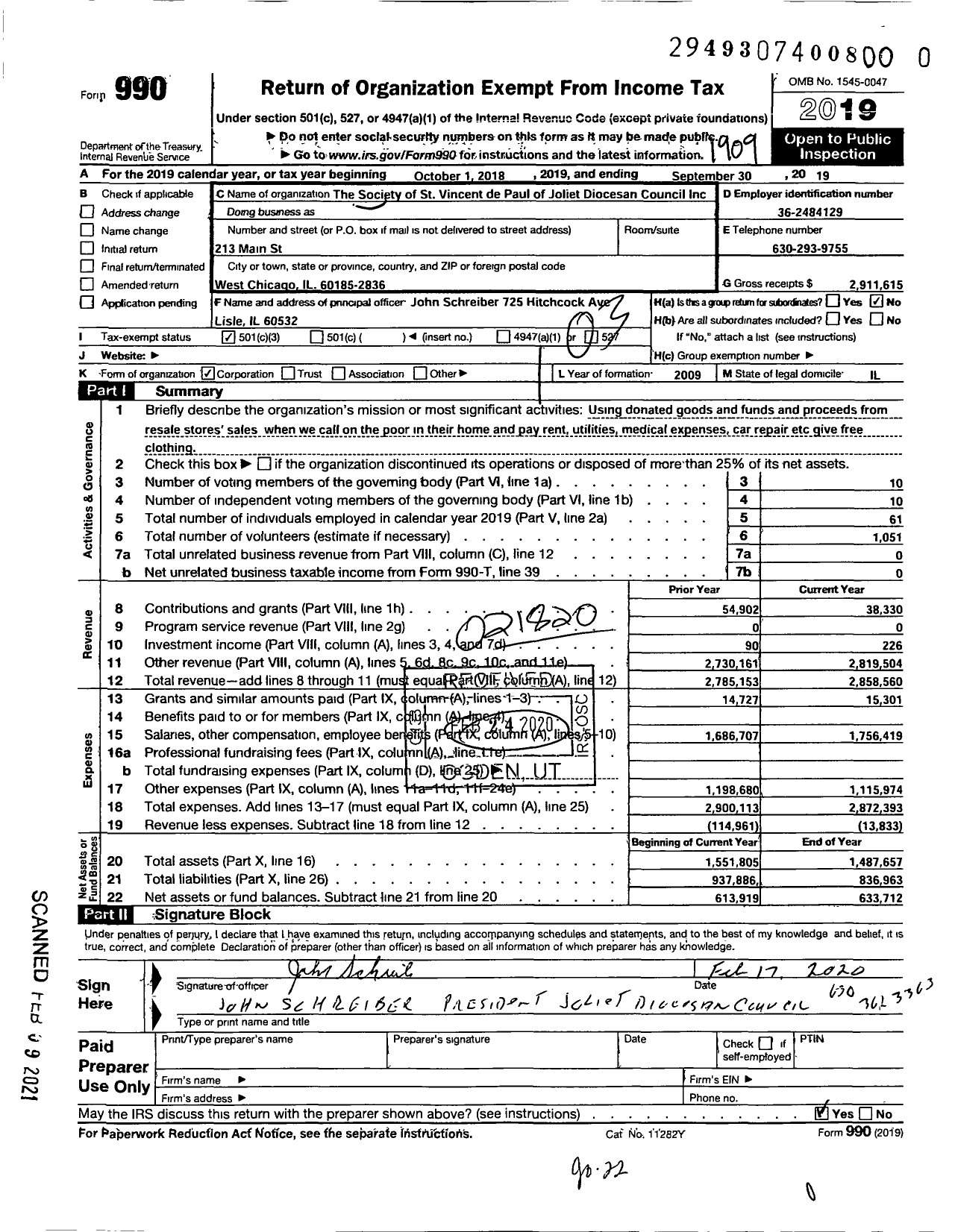 Image of first page of 2018 Form 990 for Society of St Vincent De Paul of the Joliet Diocesan