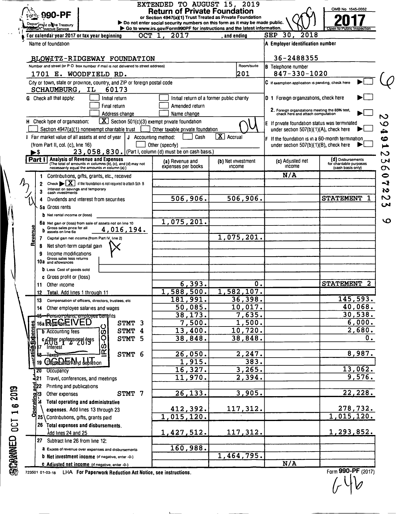 Image of first page of 2017 Form 990PF for Blowitz-Ridgeway Foundation