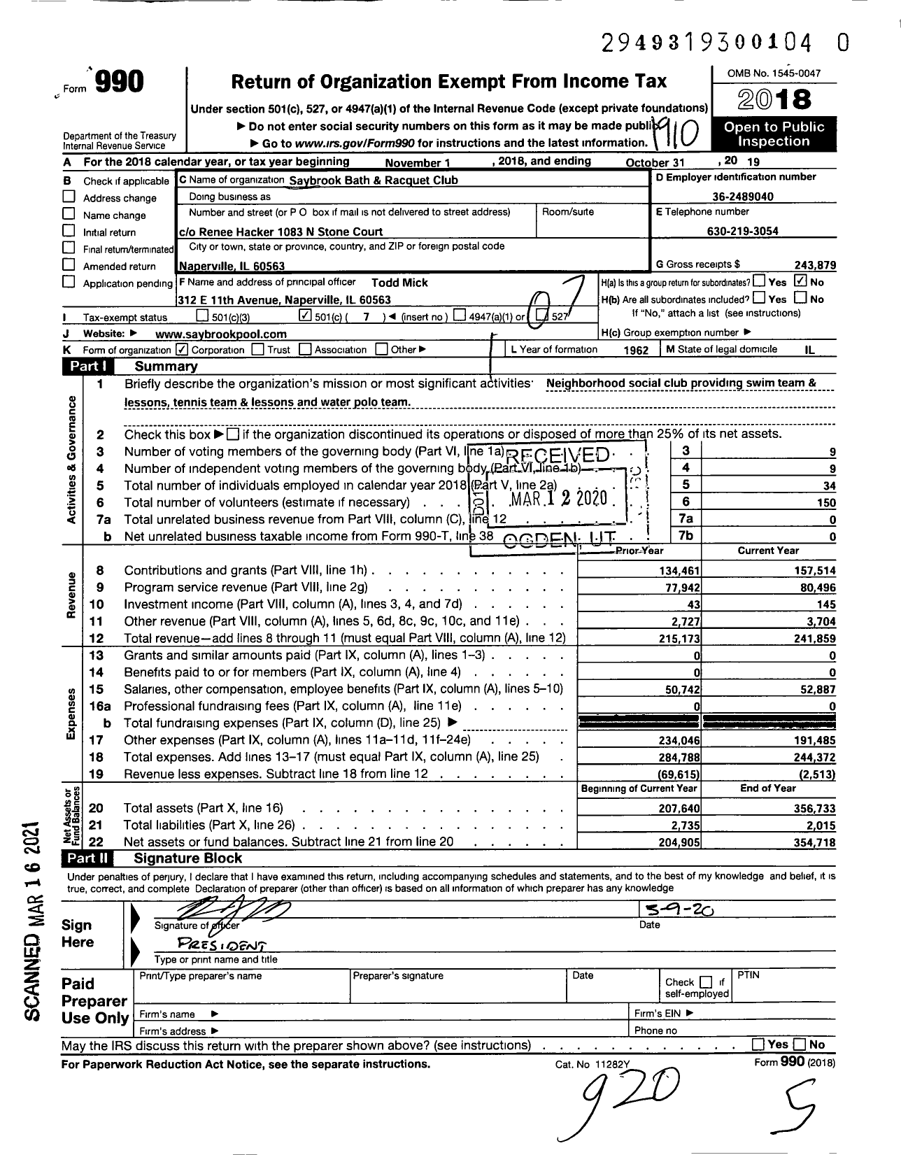 Image of first page of 2018 Form 990O for Saybrook Bath and Racquet Club