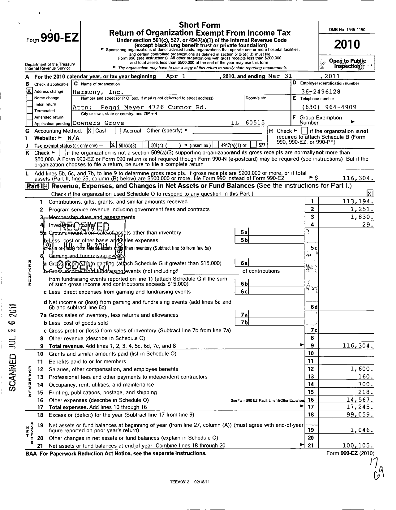 Image of first page of 2010 Form 990EZ for Harmony / Village Vocal Chords