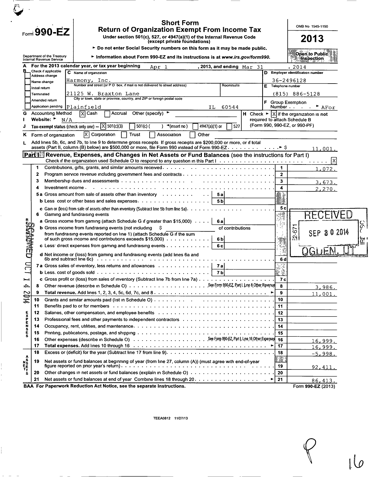 Image of first page of 2013 Form 990EZ for Harmony / Village Vocal Chords