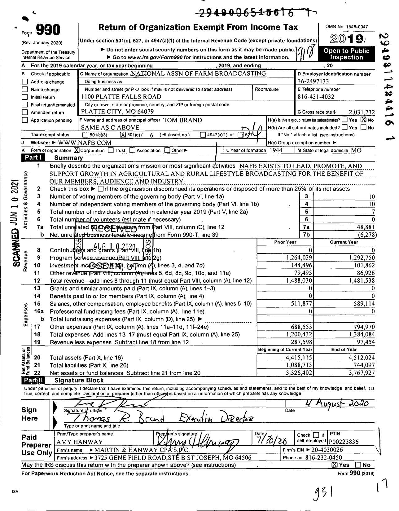 Image of first page of 2019 Form 990O for National Association of Farm Broadcasters (NAFB)