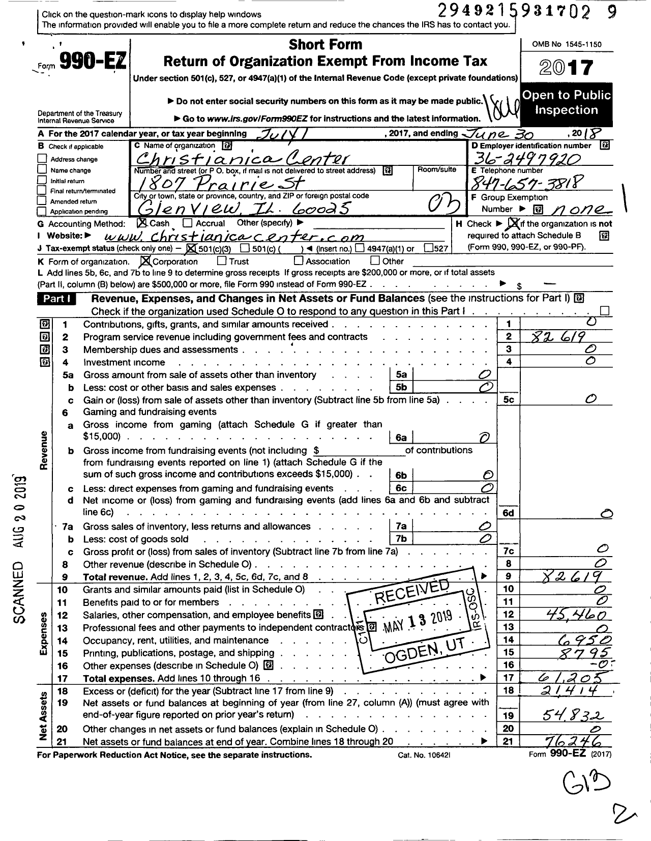 Image of first page of 2017 Form 990EZ for Christianica Center